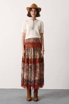 bayansepeti Yeni Sezon Kadın Dantelli Uzun Desenli Kahve Etek 37207