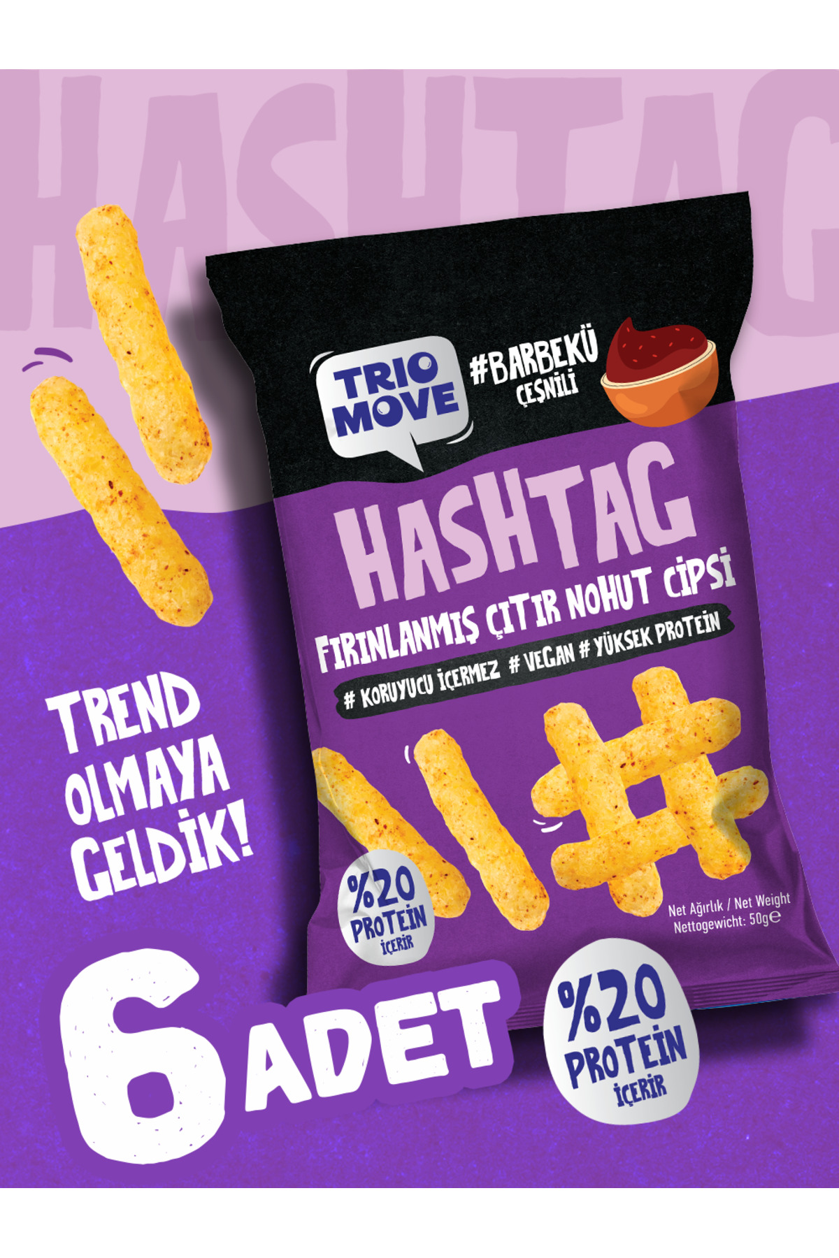 TrioMove Hashtag Fırınlanmış Nohut cipsi Barbekü Çeşnili (6 Adet