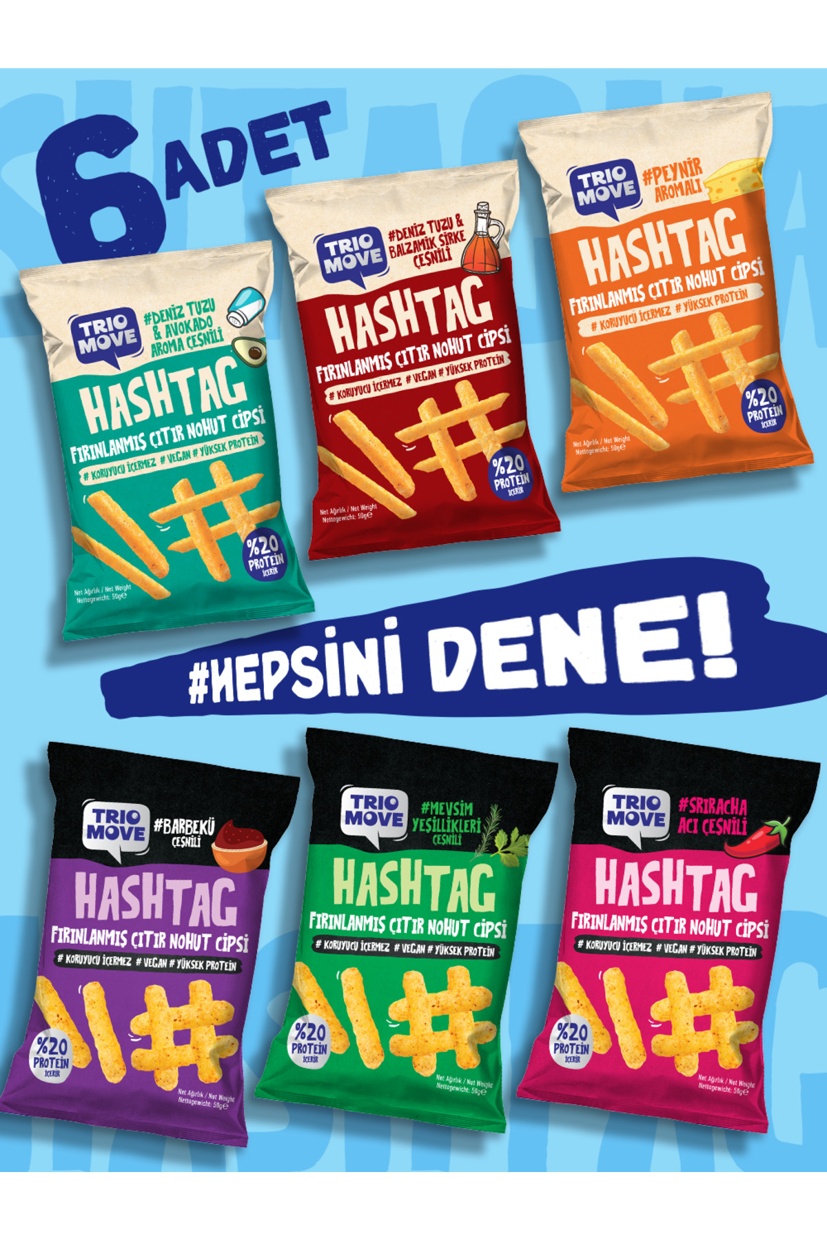 TrioMove Hashtag Fırınlanmış Nohut cipsi 6'lı Karışık Tanışma