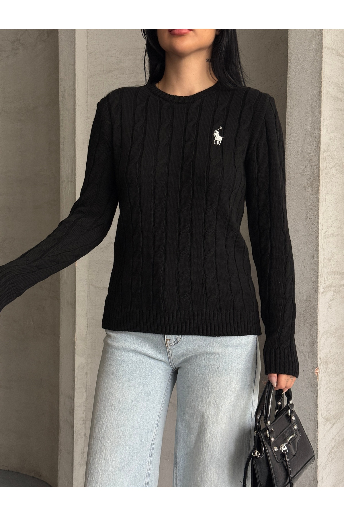 erki triko  Bisiklet Yaka Nakış Detaylı Saç Örgü Triko Kazak - Görsel 7