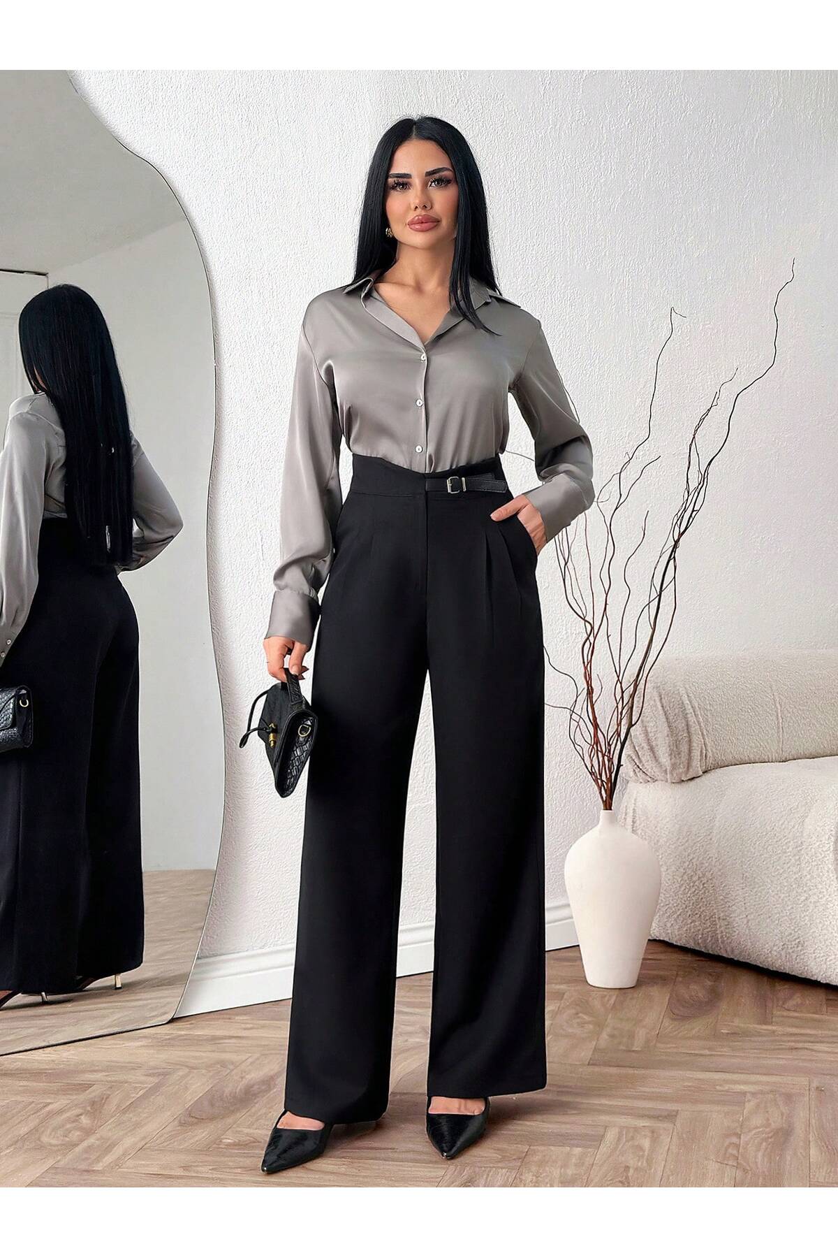 DUUE FASHİON  Kadın Palazzo Yarım Kemer Kumaş Pantolon