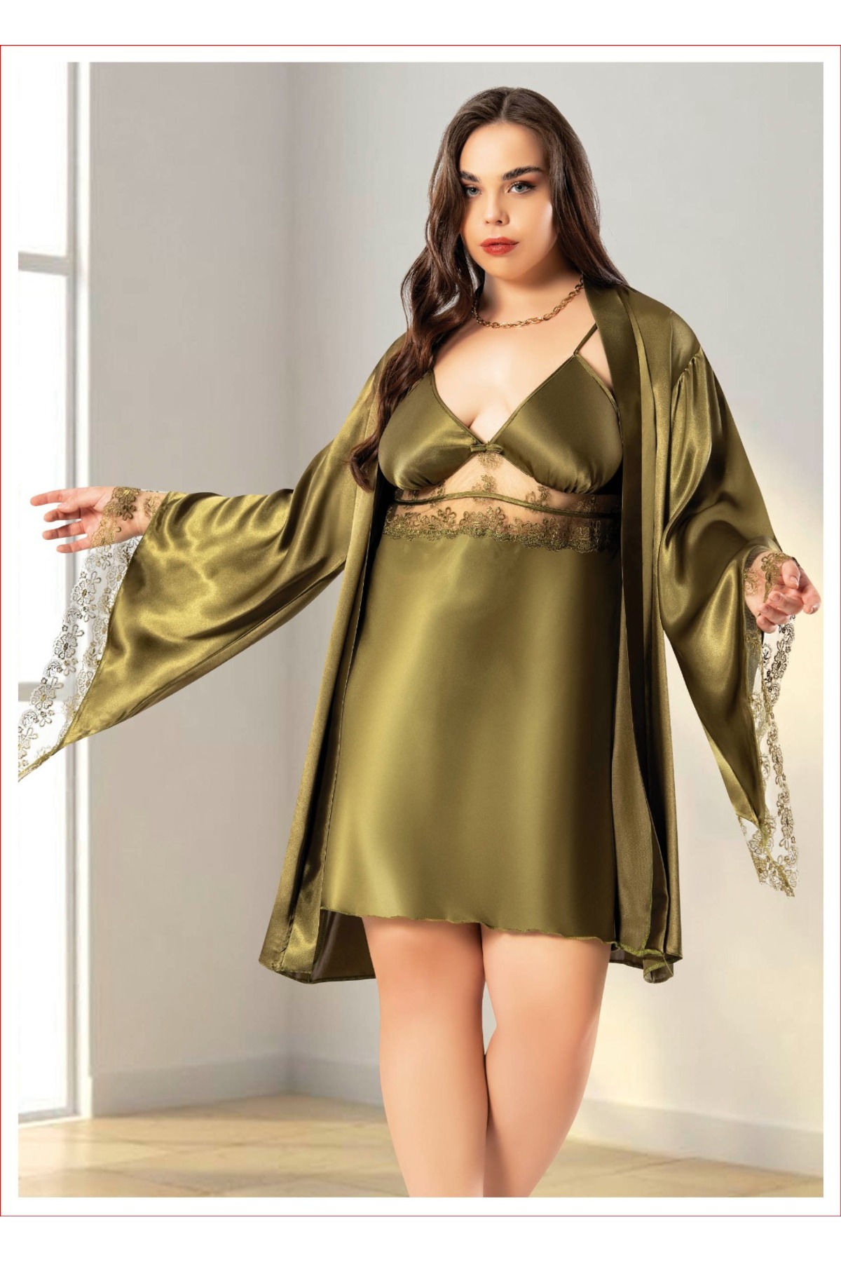 Dynamic Saten Dantelli Büyük Beden 2'Lİ Sabahlık Gecelik Takımı