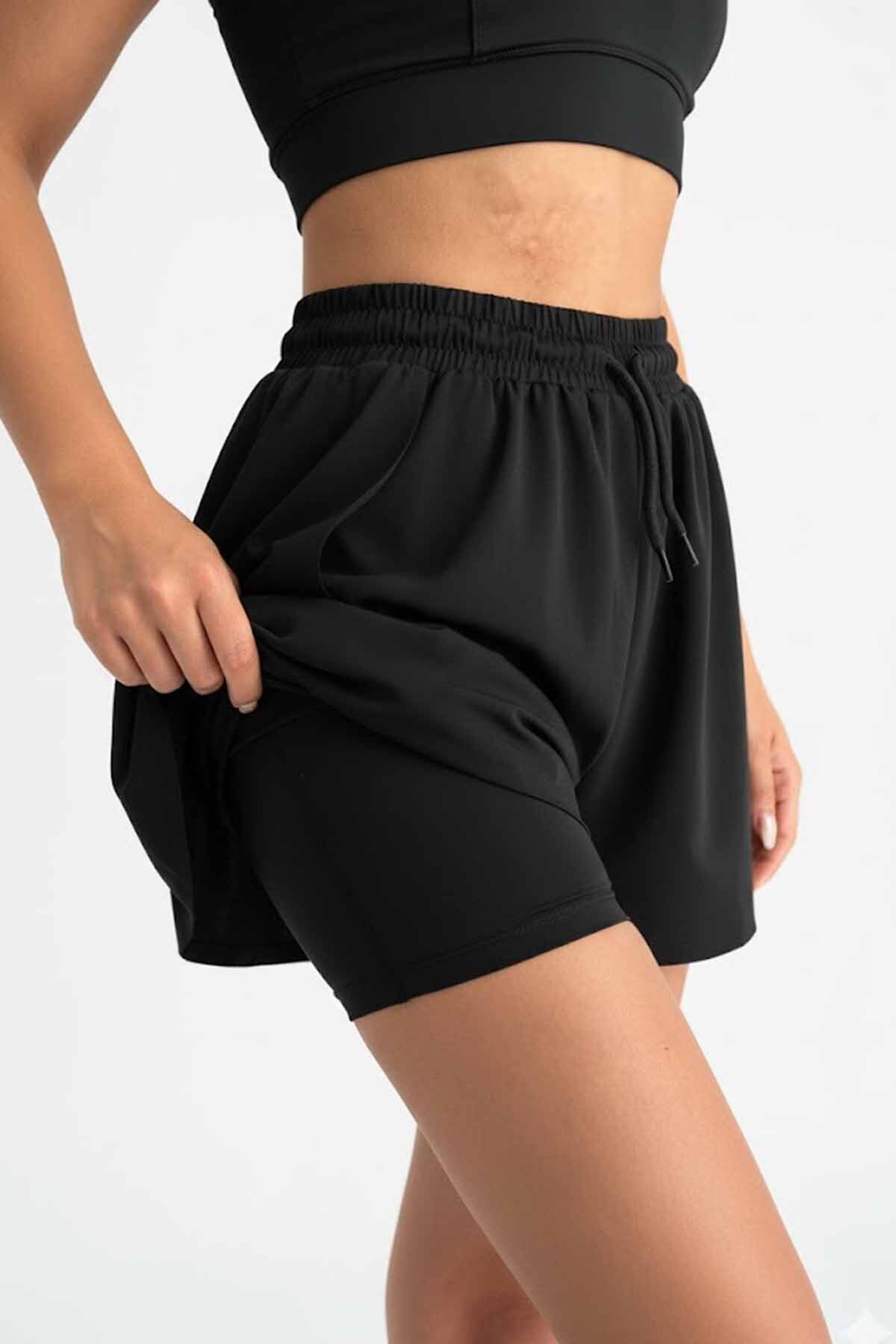 vynor atelier Women's Black High-Waisted 2-in-1 Sports Shorts - Training and Running Shorts with Built-In Short Leggings