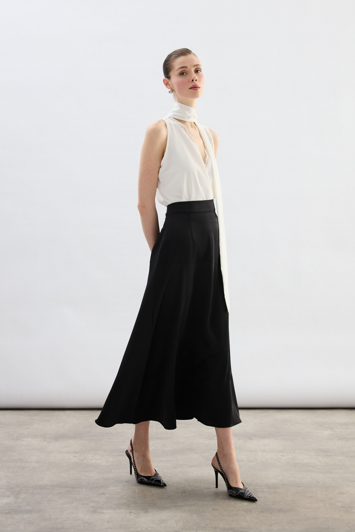 Sateen  Yüksek Bel Saten Etek - Siyah - Görsel 7