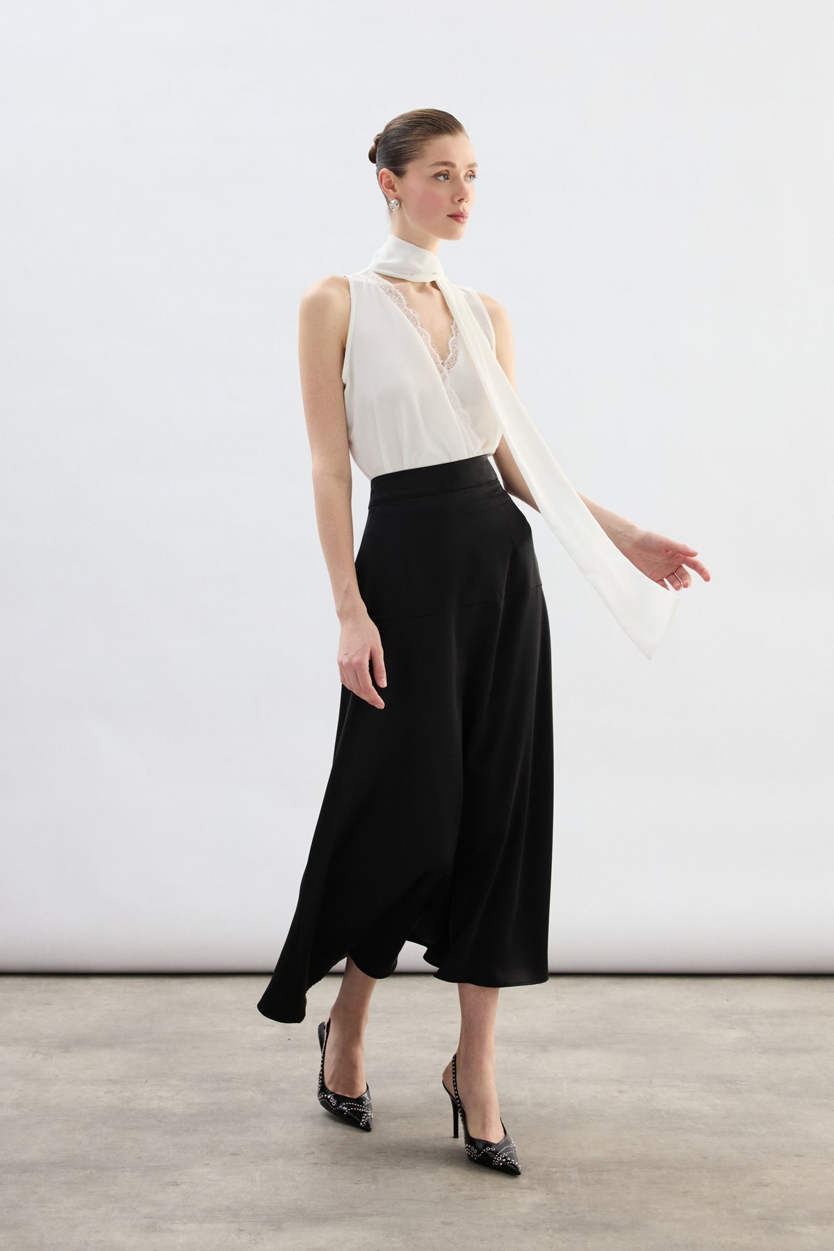 Sateen  Yüksek Bel Saten Etek - Siyah - Görsel 3