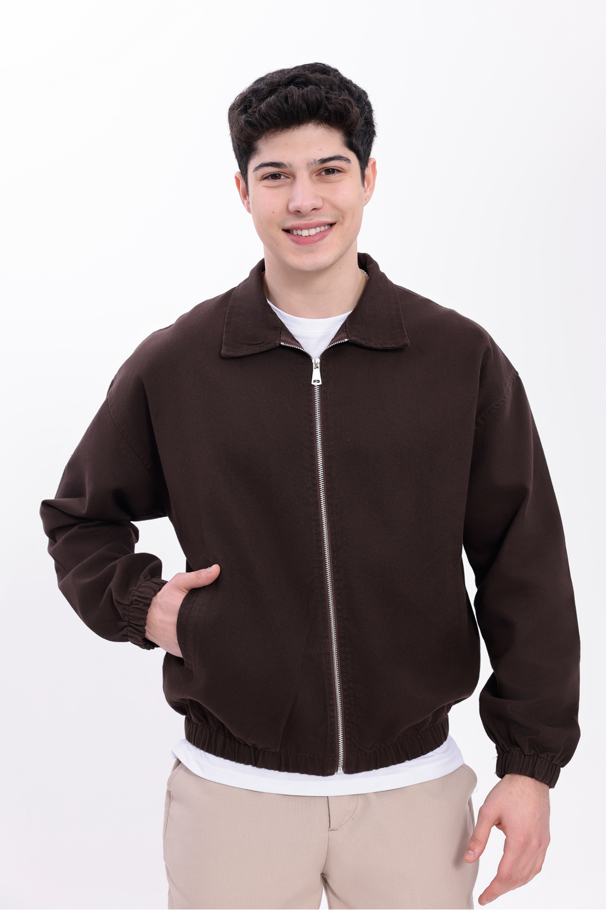 Gizrain  Erkek Kiremit Gabardin Kumaş Fermuarlı Oversize Beli Lastikli Mevsimlik Mont Ceket - Görsel 2