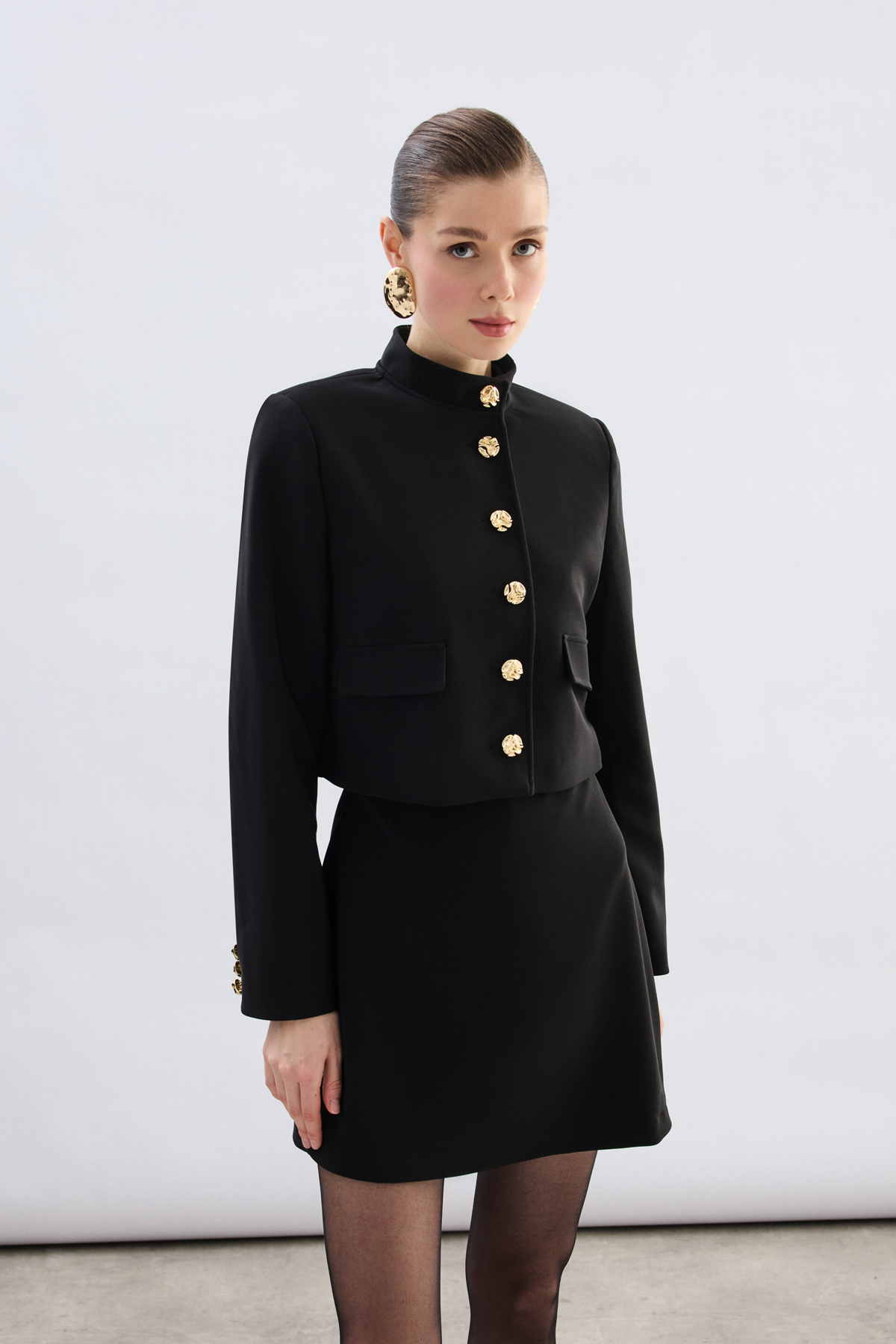 Sateen  Düğmeli Kısa Ceket - Siyah - Görsel 6