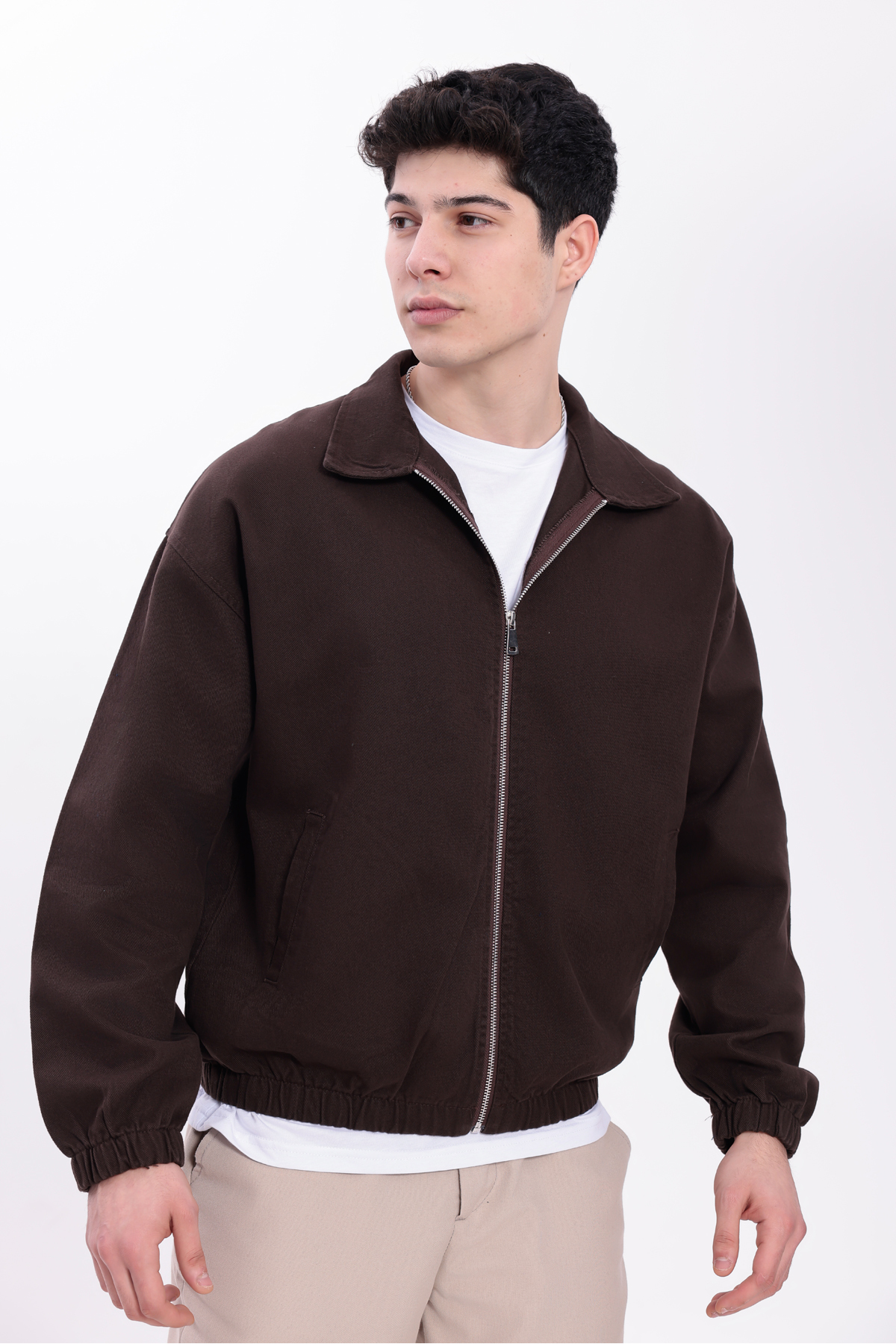 Gizrain  Erkek Kiremit Gabardin Kumaş Fermuarlı Oversize Beli Lastikli Mevsimlik Mont Ceket - Görsel 3