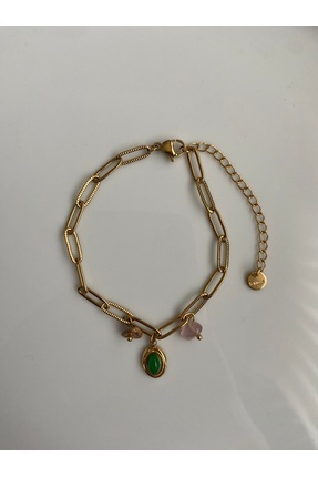 Anetta Jewelry Kadın altın renk charmlı doğal taşlı ataç model zincir çelik b...