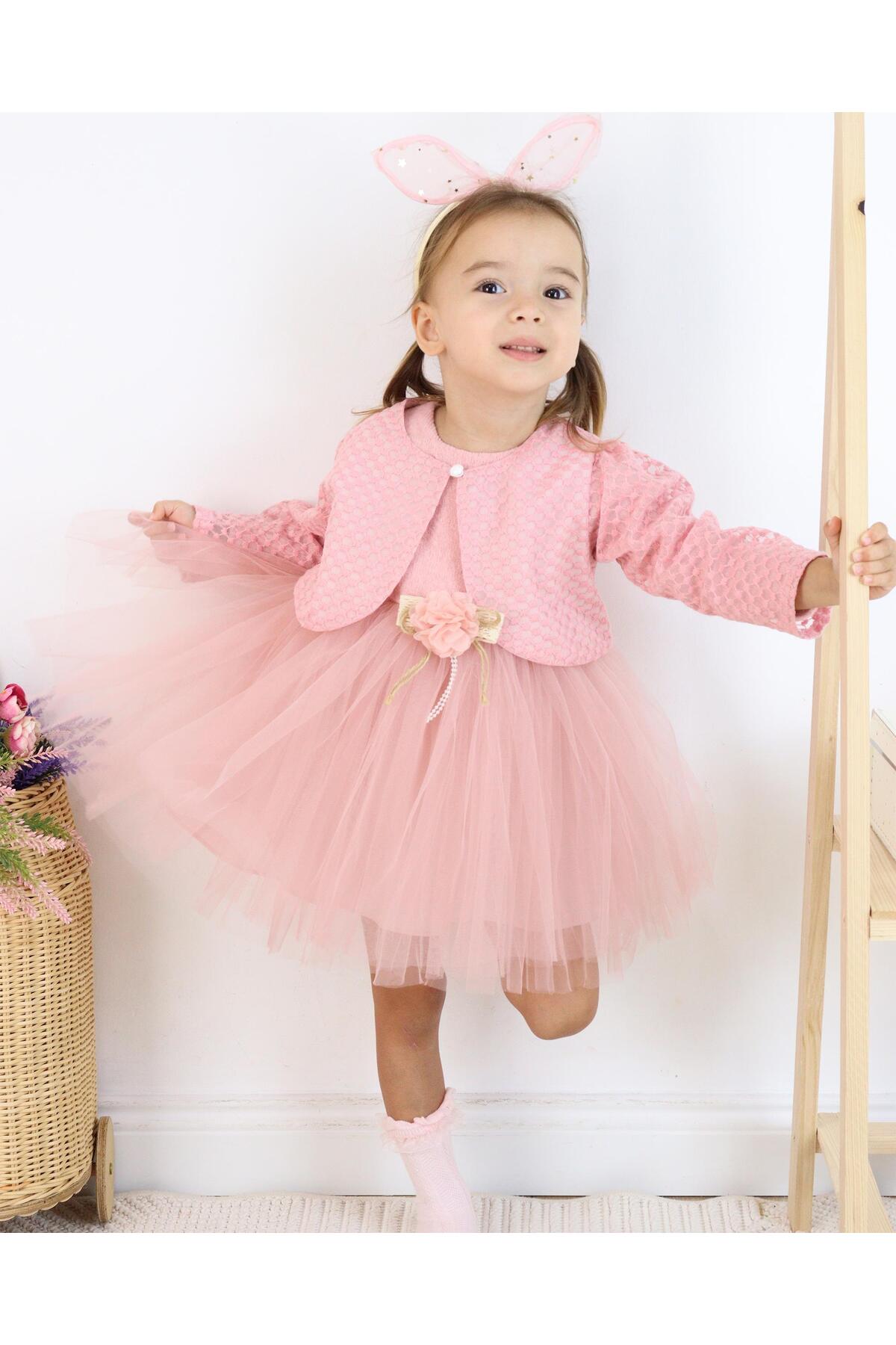 kidello Pembe Çiçekli Kız Bebek Bolerolu Elbise Abiye Tüllü fotoğrafı 2 (önizleme)