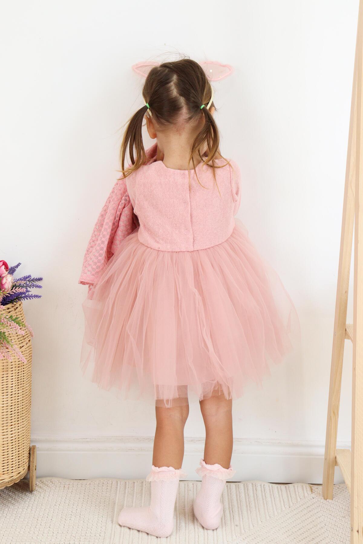 kidello Pembe Çiçekli Kız Bebek Bolerolu Elbise Abiye Tüllü fotoğrafı 4 (önizleme)