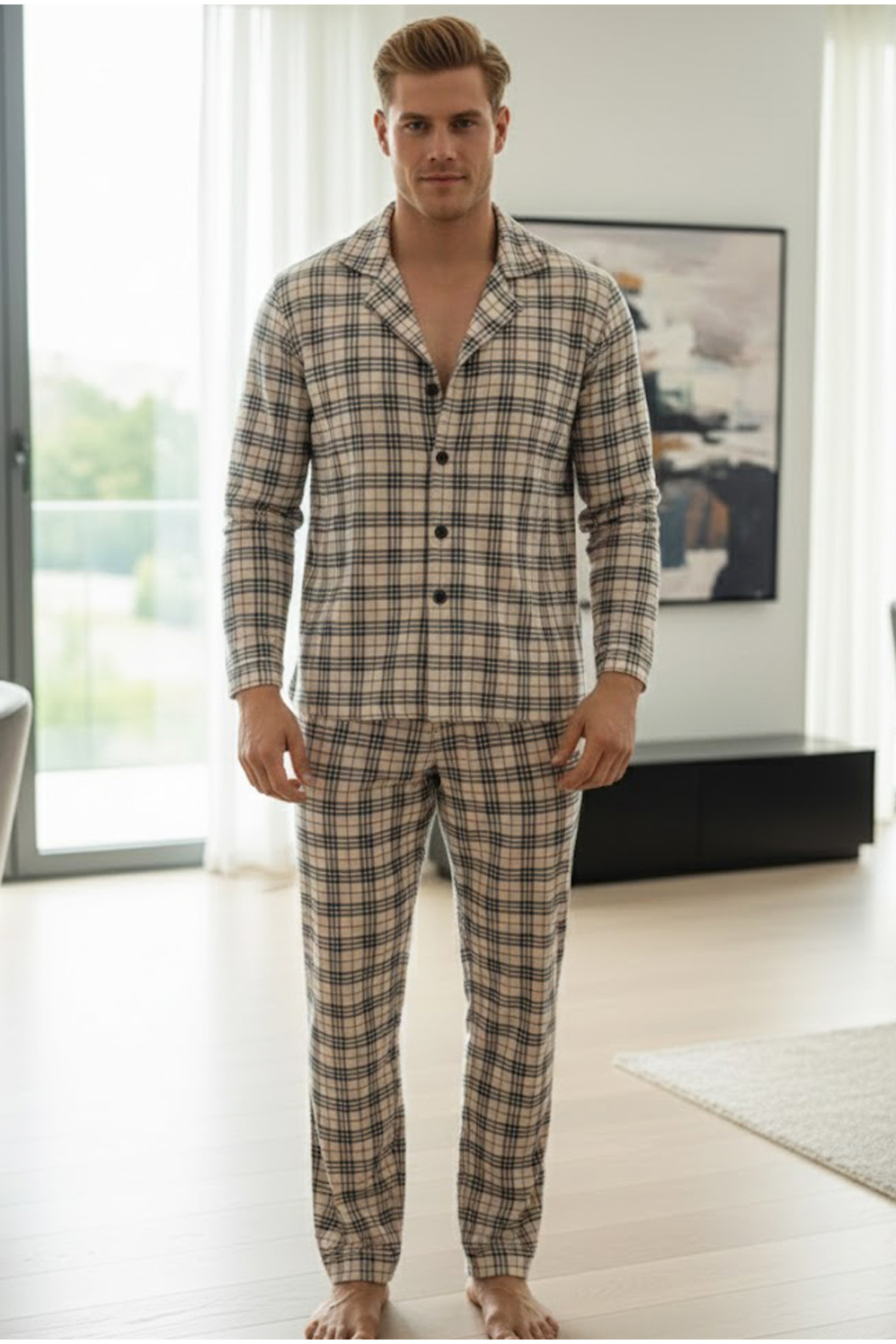 Siyah İnci bej ekoseli %100 Pamuklu Örme Düğmeli Pijama Takım 7985 görsel 2
