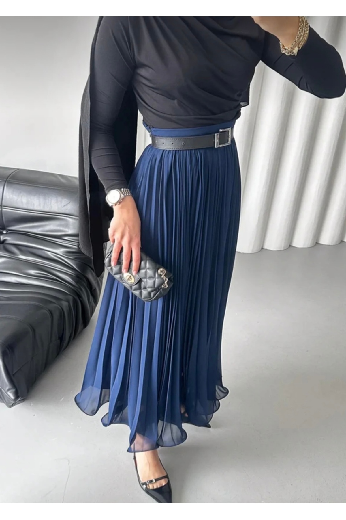 She Olive  Pliseli misineli şifon uzun etek - Görsel 3