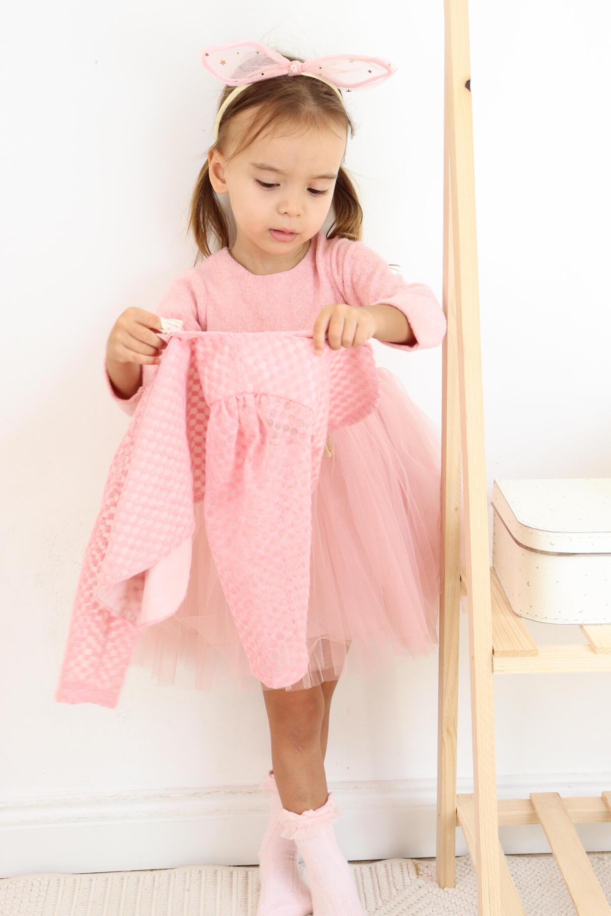 kidello Pembe Çiçekli Kız Bebek Bolerolu Elbise Abiye Tüllü fotoğrafı 3 (önizleme)