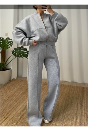 moda paketi Fermuarlı Oversize 3 İplik Şardonlu Eşofman Takımı – Rahat Kesim,...