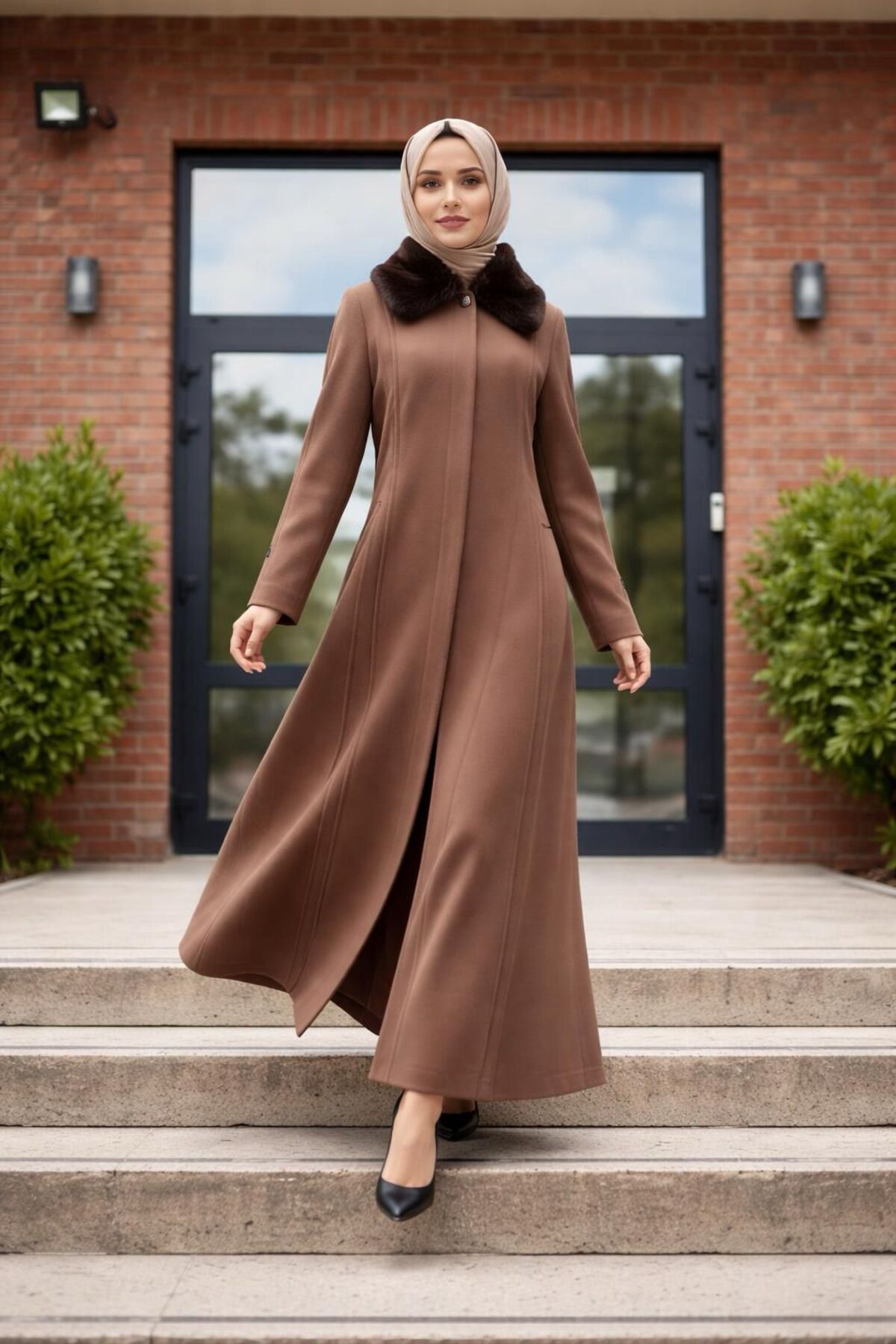 ESİN GİYİM  Yakası Çıkarılabilir Kürklü Büyük Beden Kaşe Palto - Görsel 2