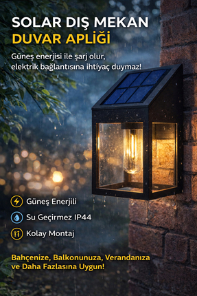 Ecuy Solar Dış Mekan Duvar Aplik Güneş Enerjili IP44 Suya Dayanıklı Bahçe Bal...