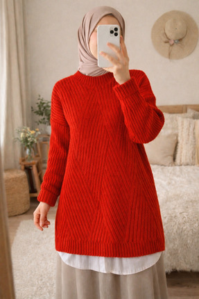 FERHEL Kadın Baklava Yumoş Kazak Tunik - Nar Çiçeği