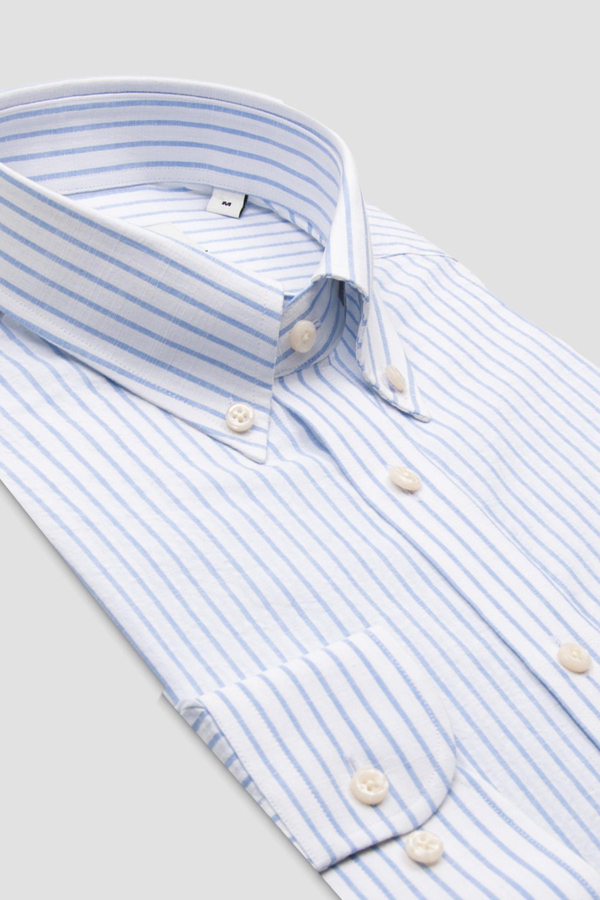 BB Club Mike Seersucker Cotton Regular Fit Light Blue Buttoned Collar Men's Striped Shirt