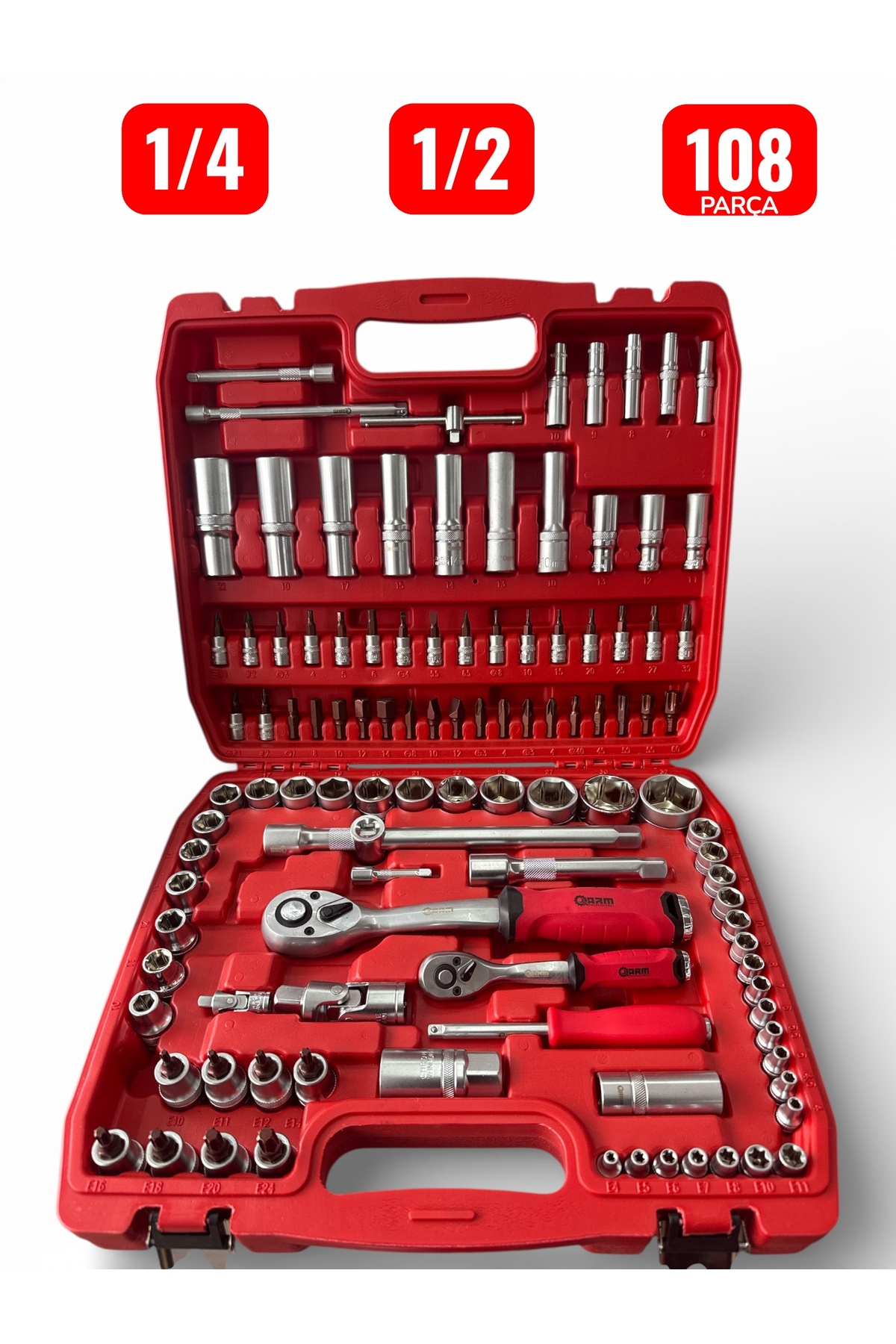 108 Parça Lokma Takımı | 1/4” - 1/2” Cırcırlı Anahtarlı | Profesyonel Set