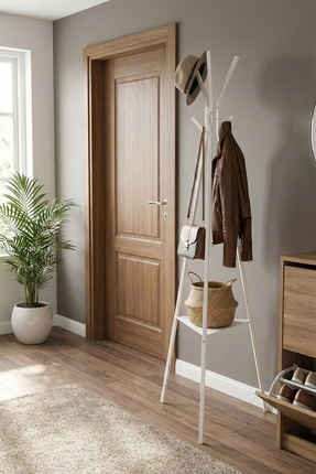 Retodesign BEYAZ ELBİSE ASKISI RAFLI AYAKLI ASKI 3 AYAKLI ANTRE ASKI, METAL A...