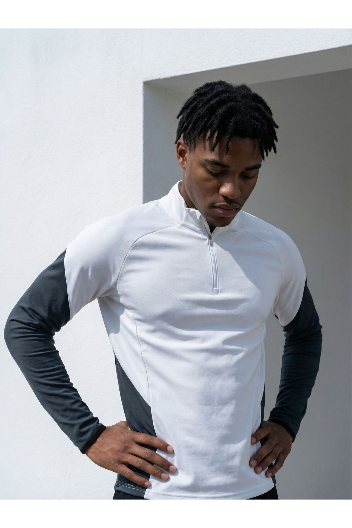 CLAW UP WORK Gramajlı Modal Kumaş Parça Detaylı Parmak Geçmeli Yarım Fermuarlı Erkek Beyaz-Antrasit Sweatshirt görsel 2