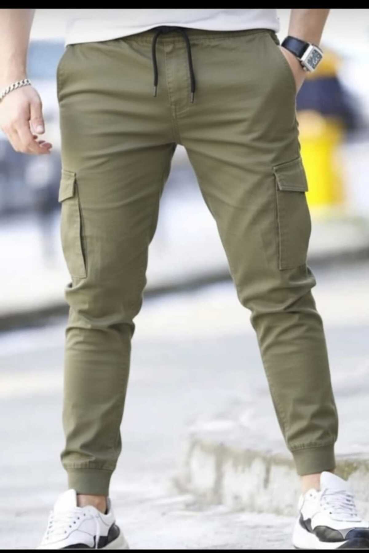 Erkek Haki Kaliteli Pamuklu Esnek Kargo Cepli Ve Beli Lastikli Jogger Pantolon — خاکی LFNY3 — تصویر 2 از 5