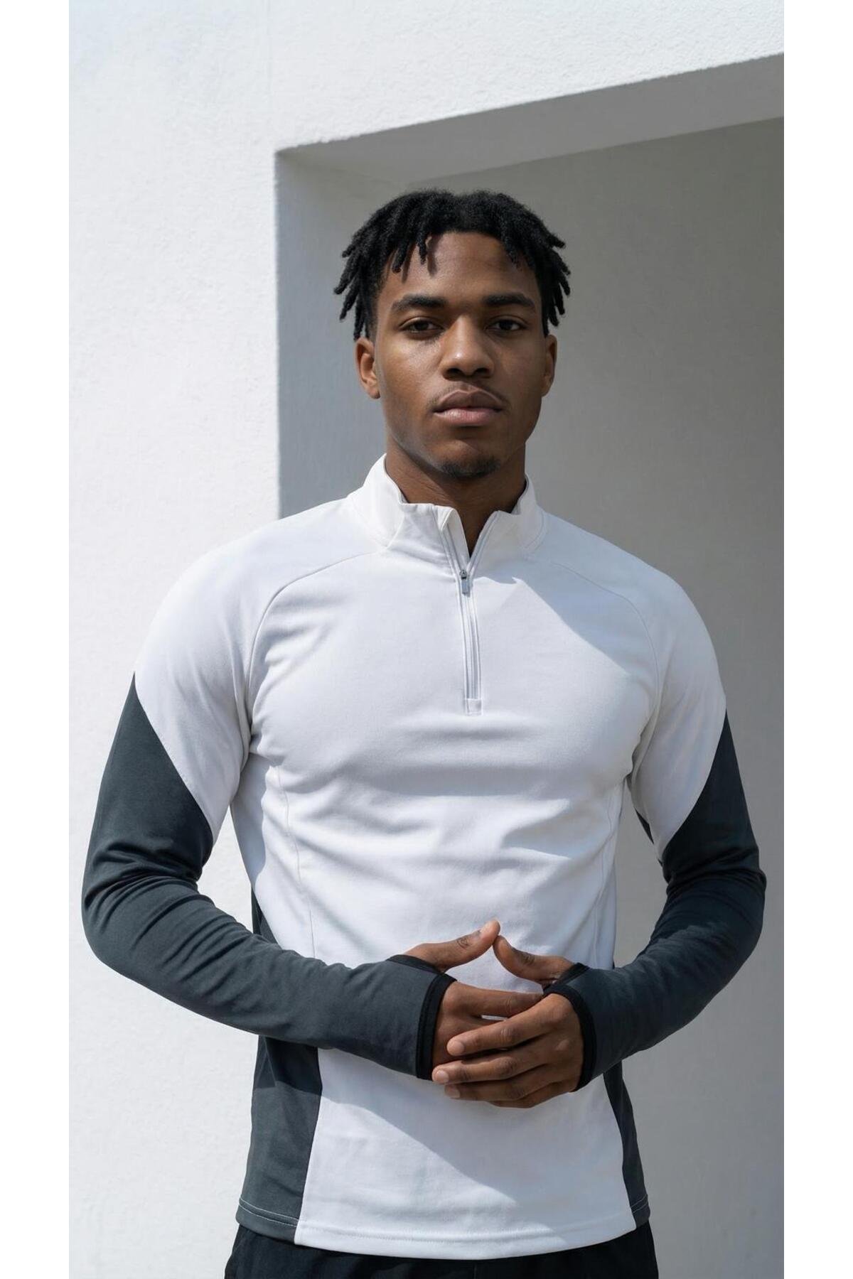 CLAW UP WORK Gramajlı Modal Kumaş Parça Detaylı Parmak Geçmeli Yarım Fermuarlı Erkek Beyaz-Antrasit Sweatshirt