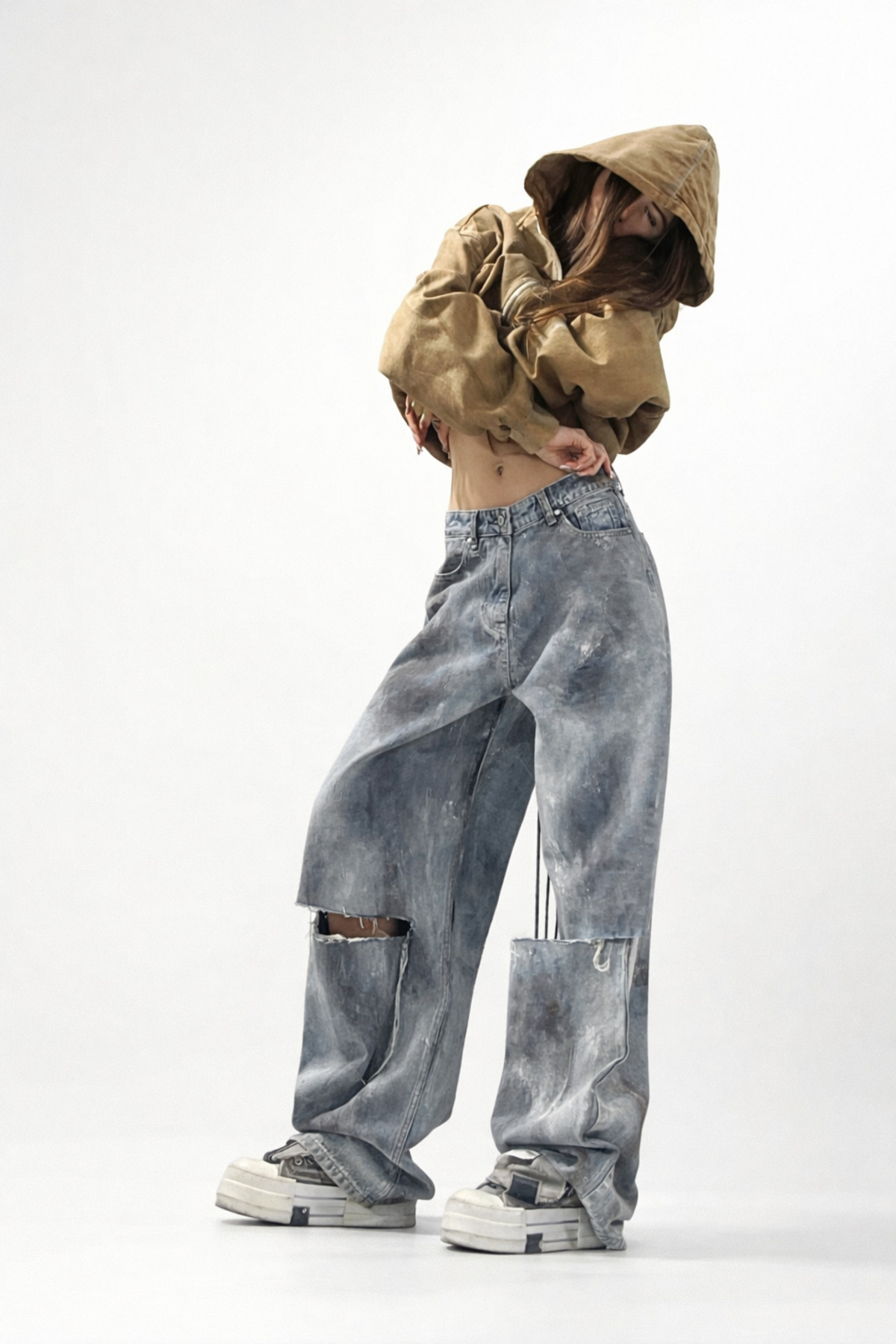 Alien 1979  Kadın Gri Kaplamalı Bol Paça Yırtık Jean Pantolon