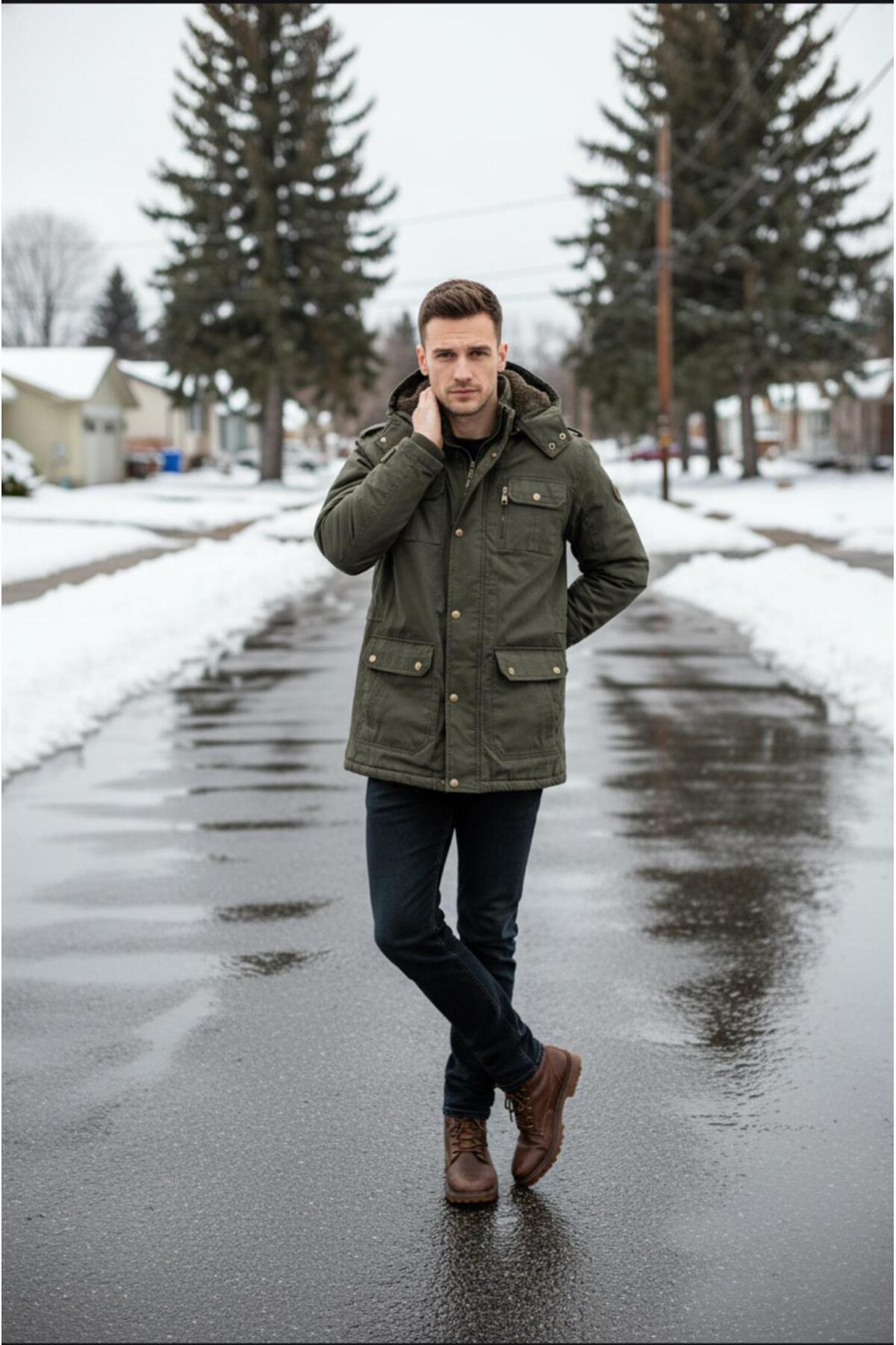 Dynamo  Erkek Askeri Yeşil Kapüşonlu Kürk Astarlı Su Geçirmez Kaplamalı Kalın Kaban - Görsel 3