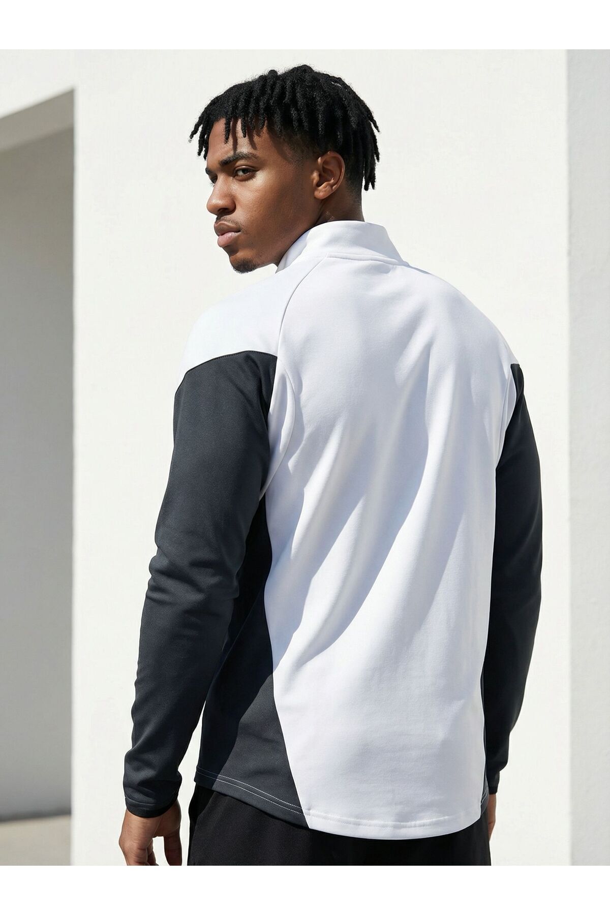 CLAW UP WORK Gramajlı Modal Kumaş Parça Detaylı Parmak Geçmeli Yarım Fermuarlı Erkek Beyaz-Antrasit Sweatshirt görsel 4