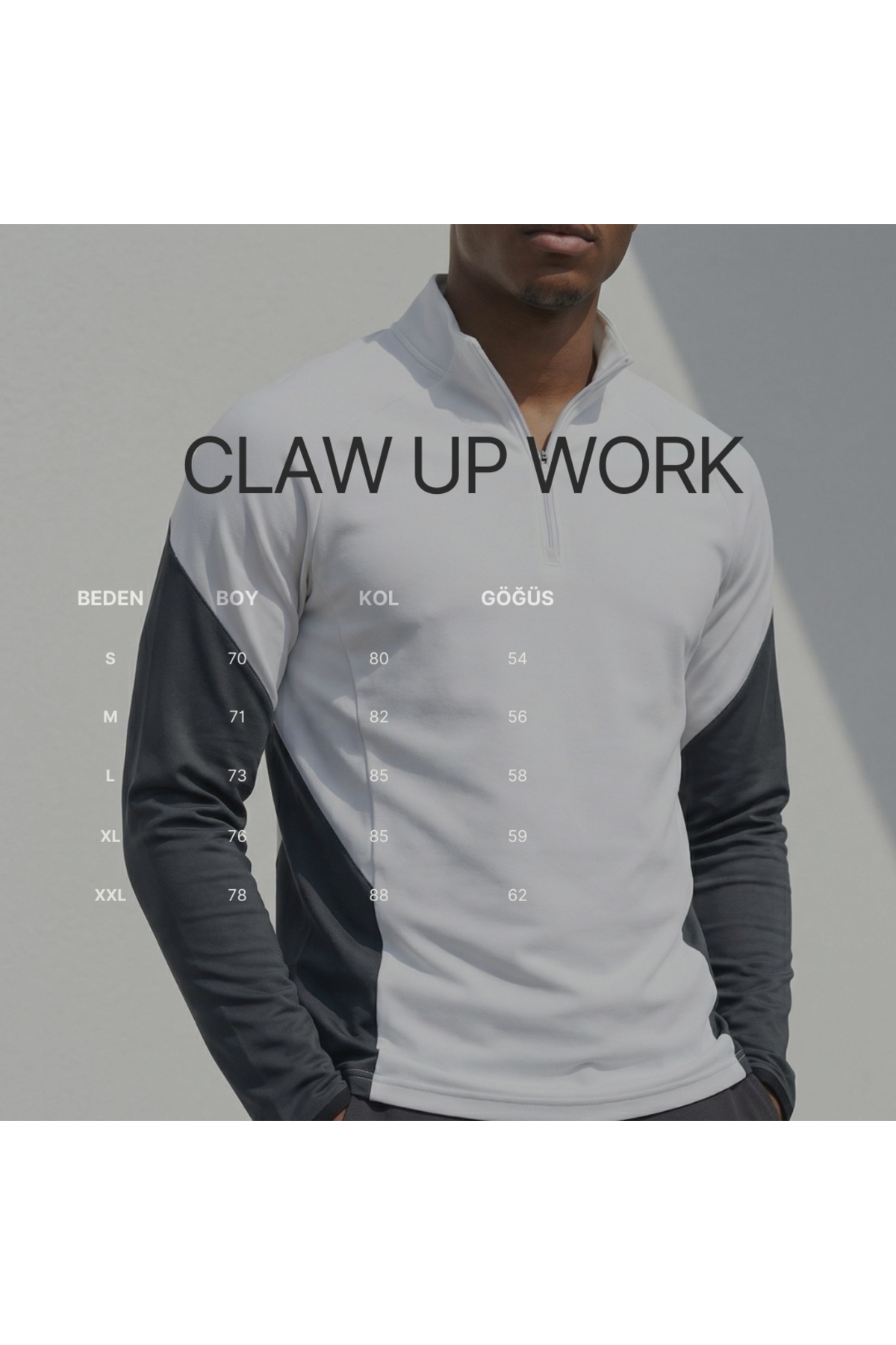 CLAW UP WORK Gramajlı Modal Kumaş Parça Detaylı Parmak Geçmeli Yarım Fermuarlı Erkek Beyaz-Antrasit Sweatshirt görsel 7