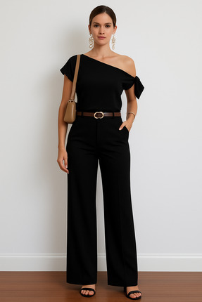 She Combines Siyah Yüksek Bel Bol Paça Toparlayıcı Kumaş Pantolon