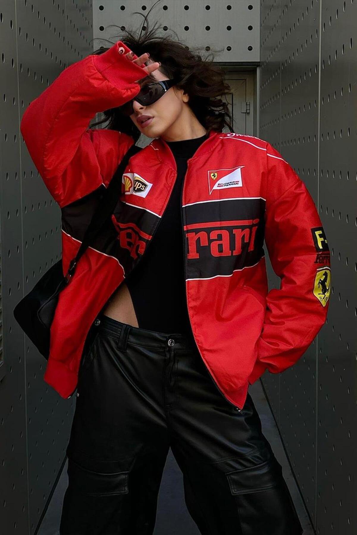Karakedi  Kırmızı F1 Ferrari Racing Retro Unisex Bomber Ceket - Görsel 3