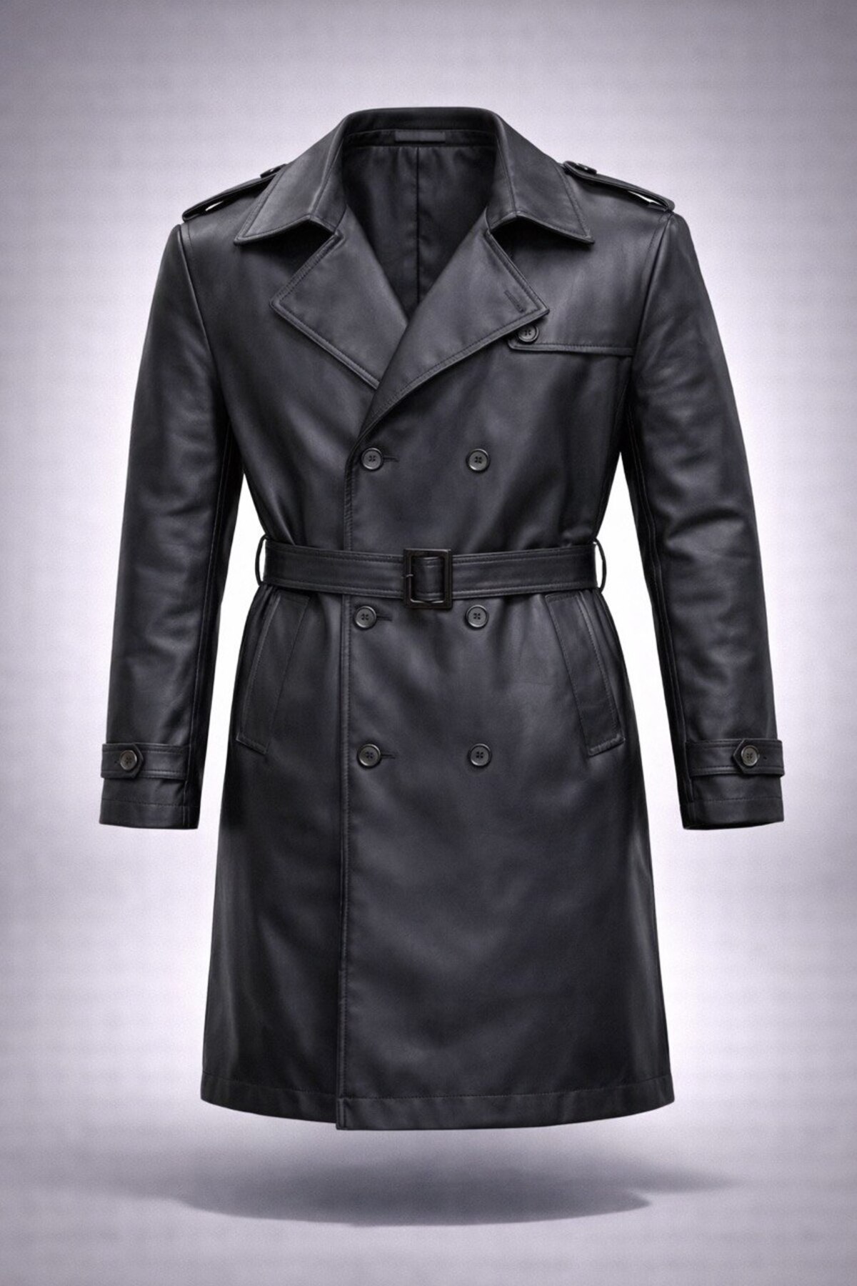 LUMAST  Slim Fit Su Geçirmez Kemerli Kruvaze Deri Trençkot