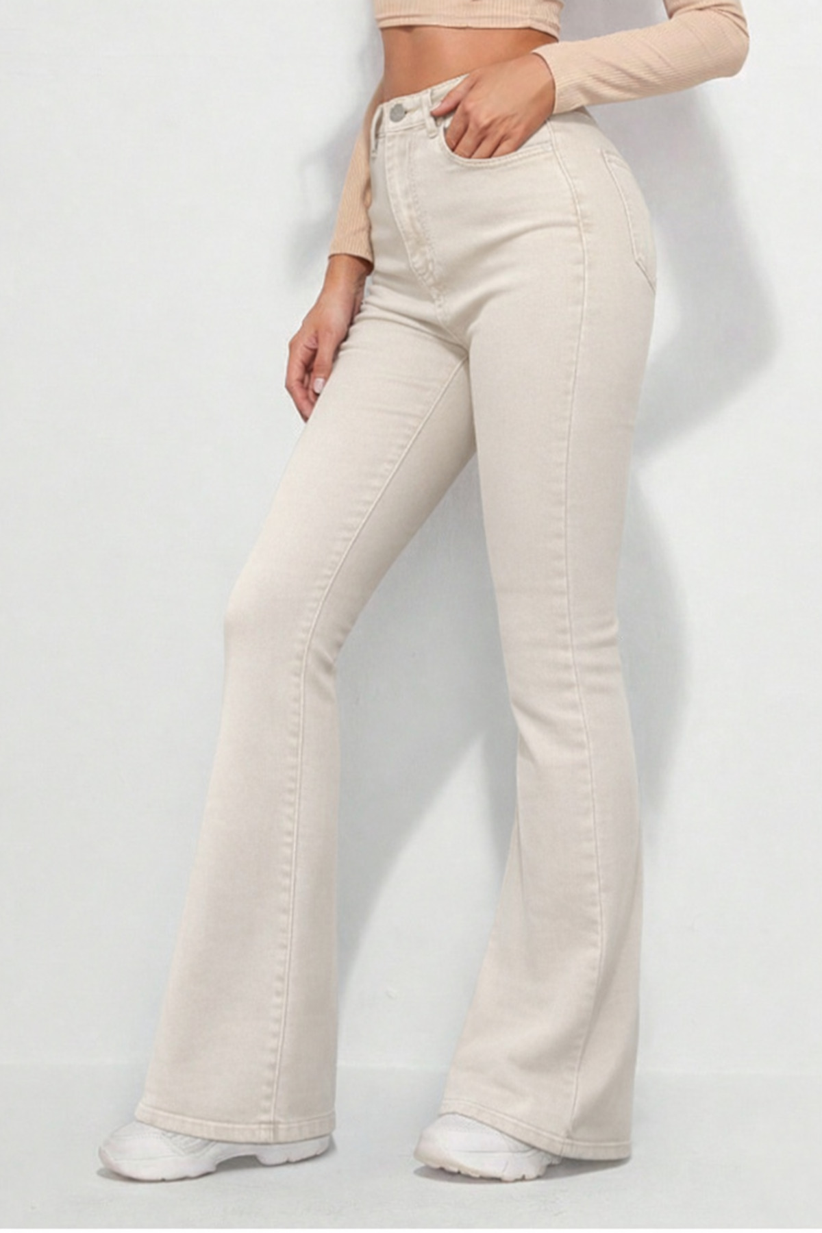 By Caspita Fashion  Kadın Yüksek Bel Power Likra Ultra Esnek Toparlayıcı Bej İspanyol Paça Jean - Görsel 5