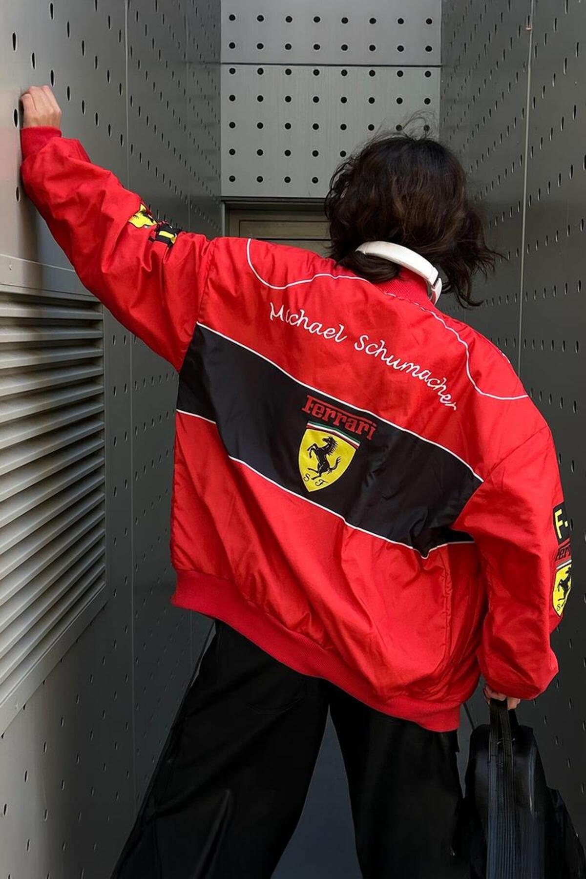 Karakedi  Kırmızı F1 Ferrari Racing Retro Unisex Bomber Ceket - Görsel 4