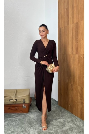 MY GRS SANDY KUMAŞ ÖNÜ BÜZGÜLÜ BROŞ DETAYLI ELBİSE