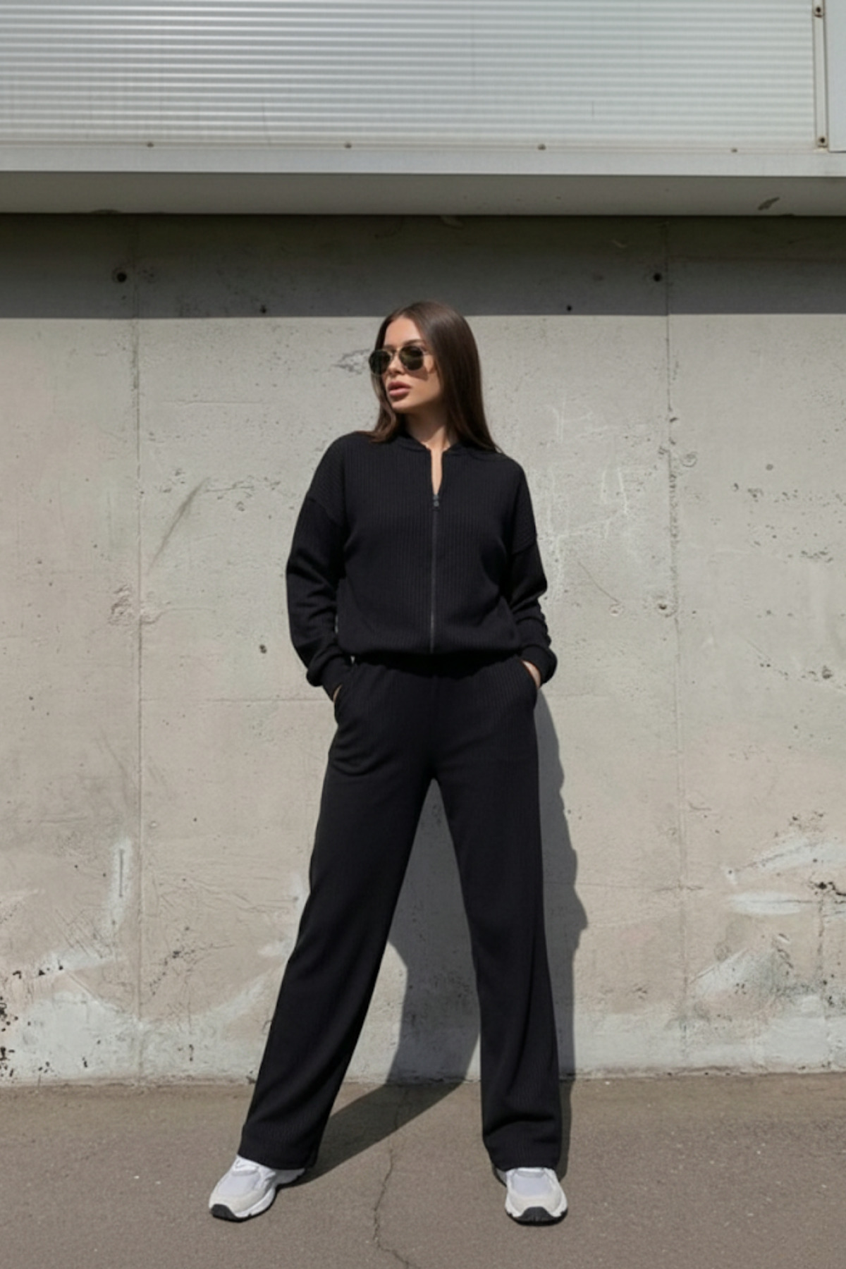 BLACK RAISED KNITWEAR PANTS BOMBER JACKET WOMEN 'S BOTTOM-TOP SET