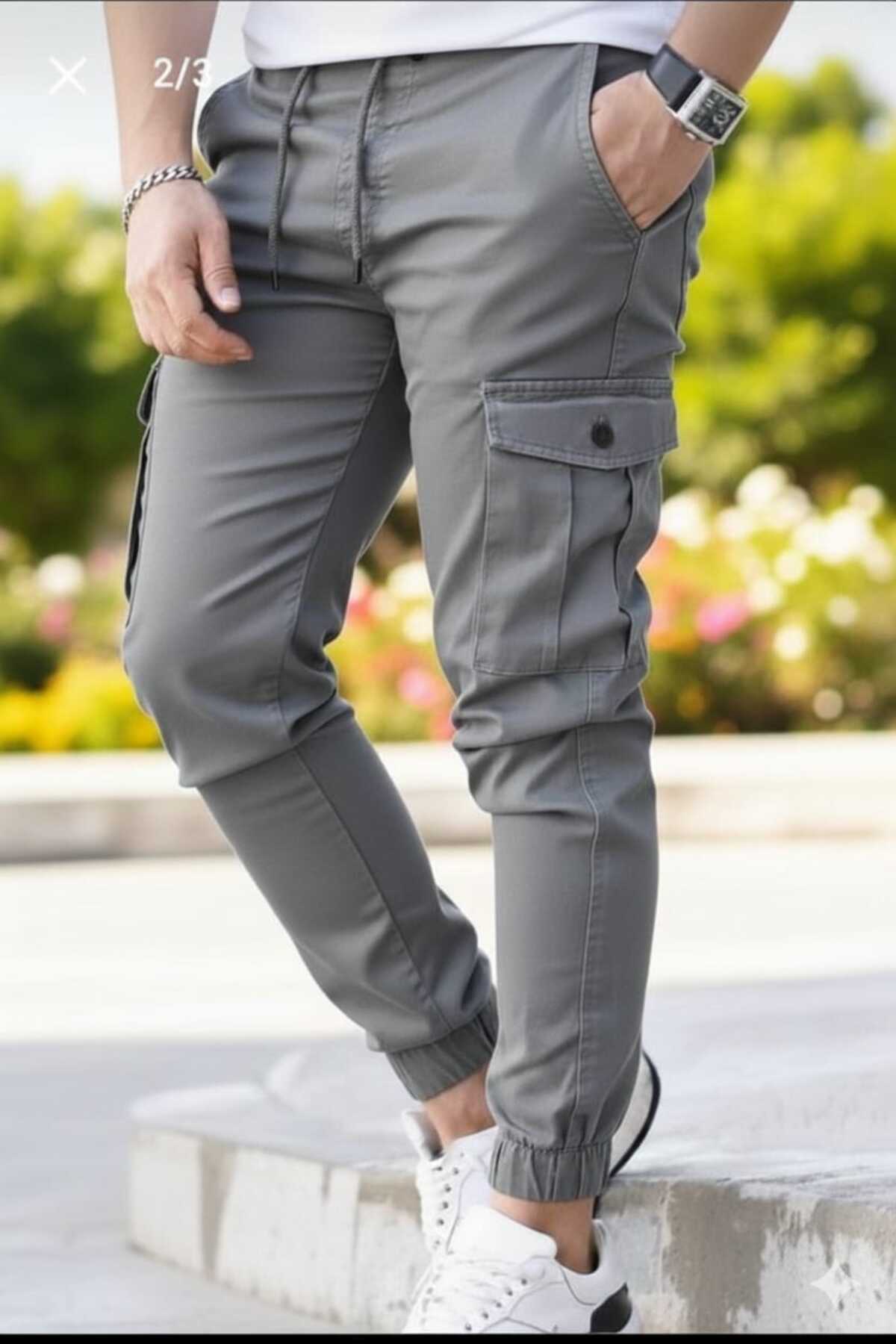 LEFNY COLLECTİON  Beli Ve Paçası Lastikli Rahat Kaliteli Yanları Cepli Gri Kargo Pantolon