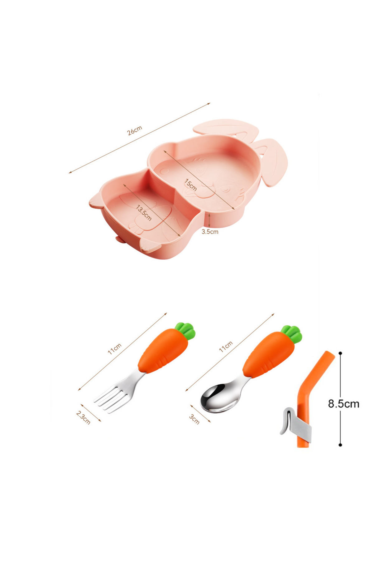 jojobebek Pembe Vakumlu Silikon Mama Tabağı, Silikon Saplı Metal Uçlu Çatal Ve Kaşık ( Tavşan Figürlü ) fotoğrafı 5 (önizleme)