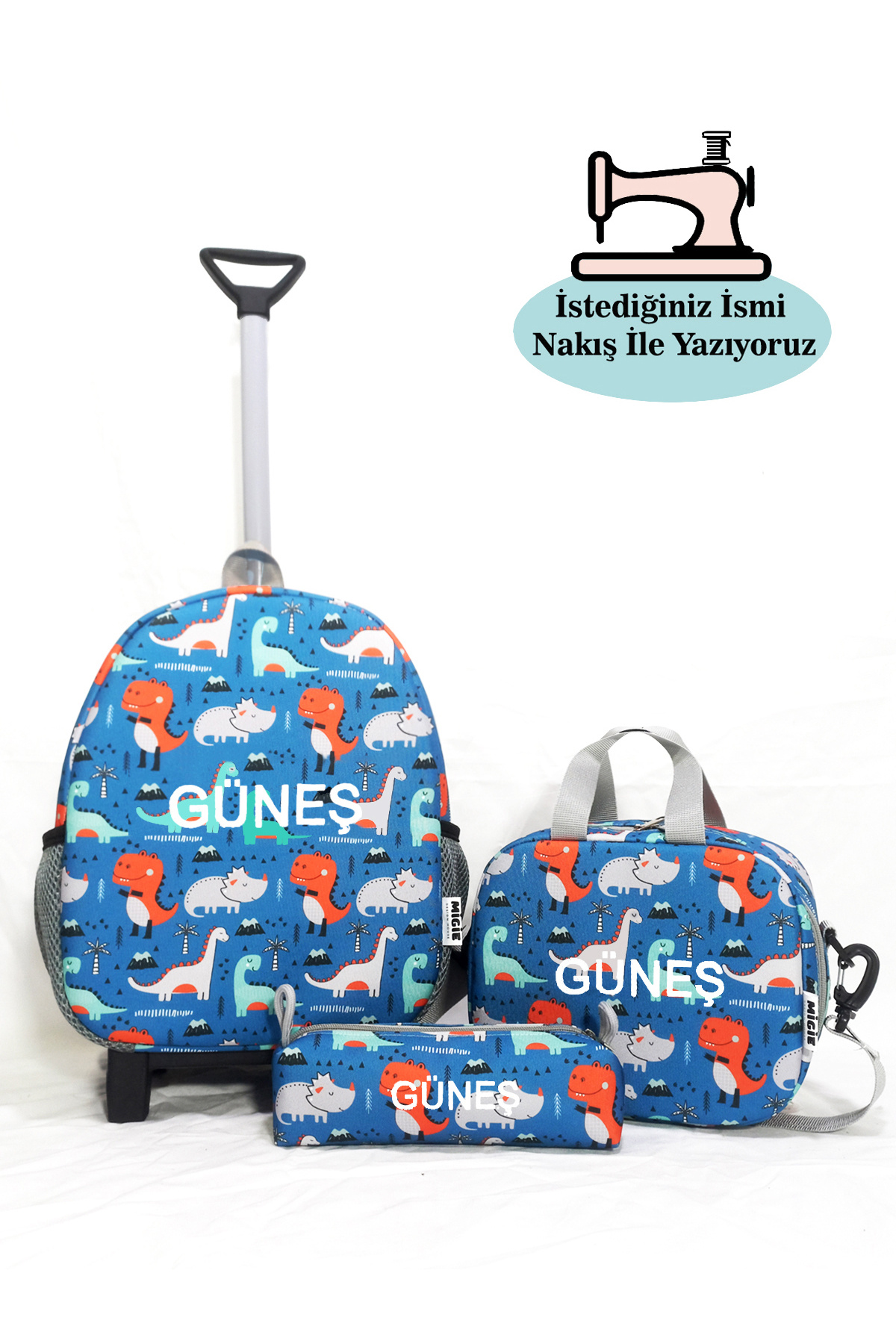 Personalized 2-7Year Rickshaw Bag + Lunch Bag + Nursery/Kindergarten Set with Pen Dino