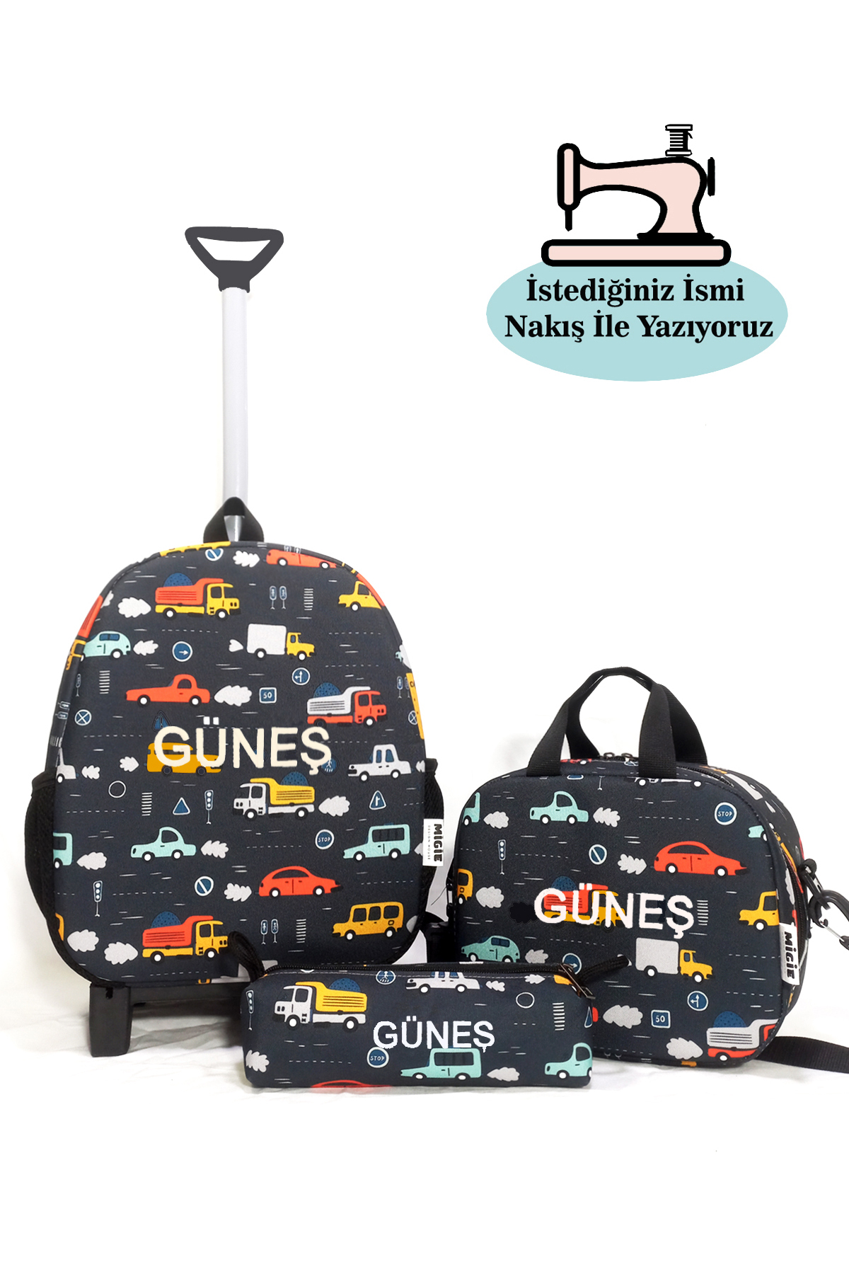 2-7Year Rickshaw Bags with Custom Names + Lunch Bag + Nursery/Kindergarten Set Cars