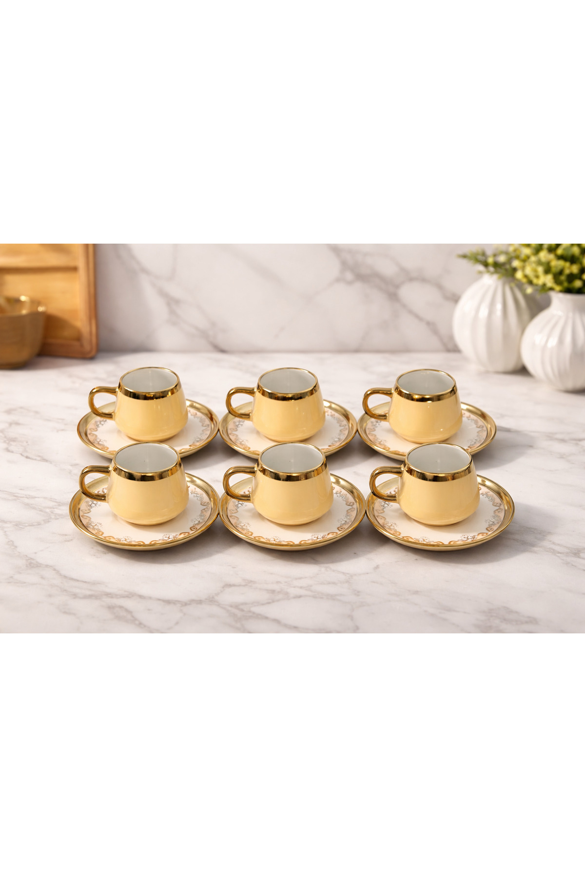 Home 6 Kişilik Gold Detaylı Porselen Türk Kahvesi Fincan Takımı – Lüks ...