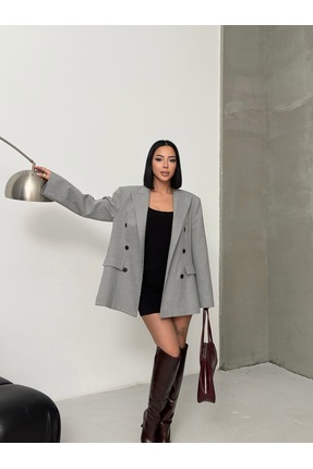 alenmoda kadın Cross oversize kruvaze Gri Ceket