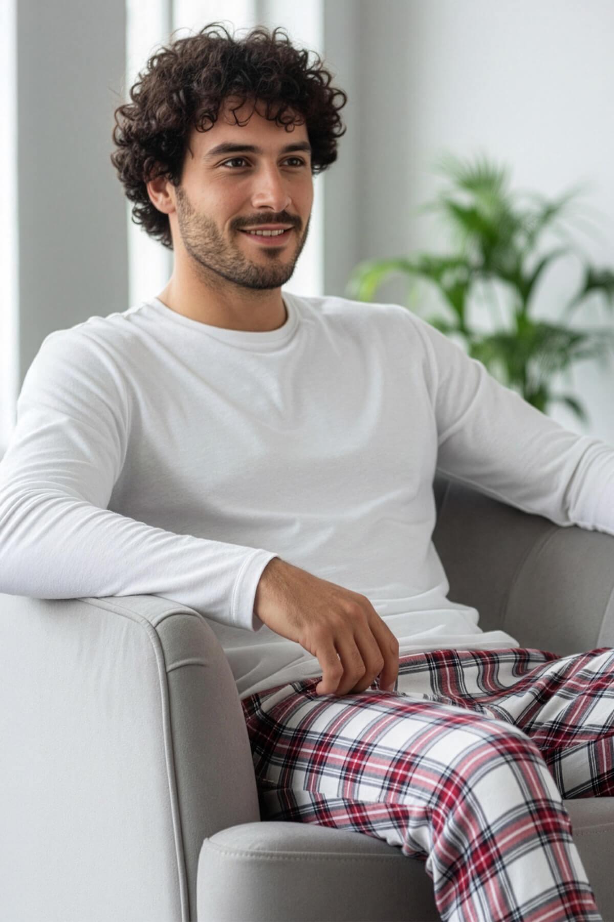 Pijamaevi Beyaz Stylish Erkek Uzun Kol Pijama Takımı