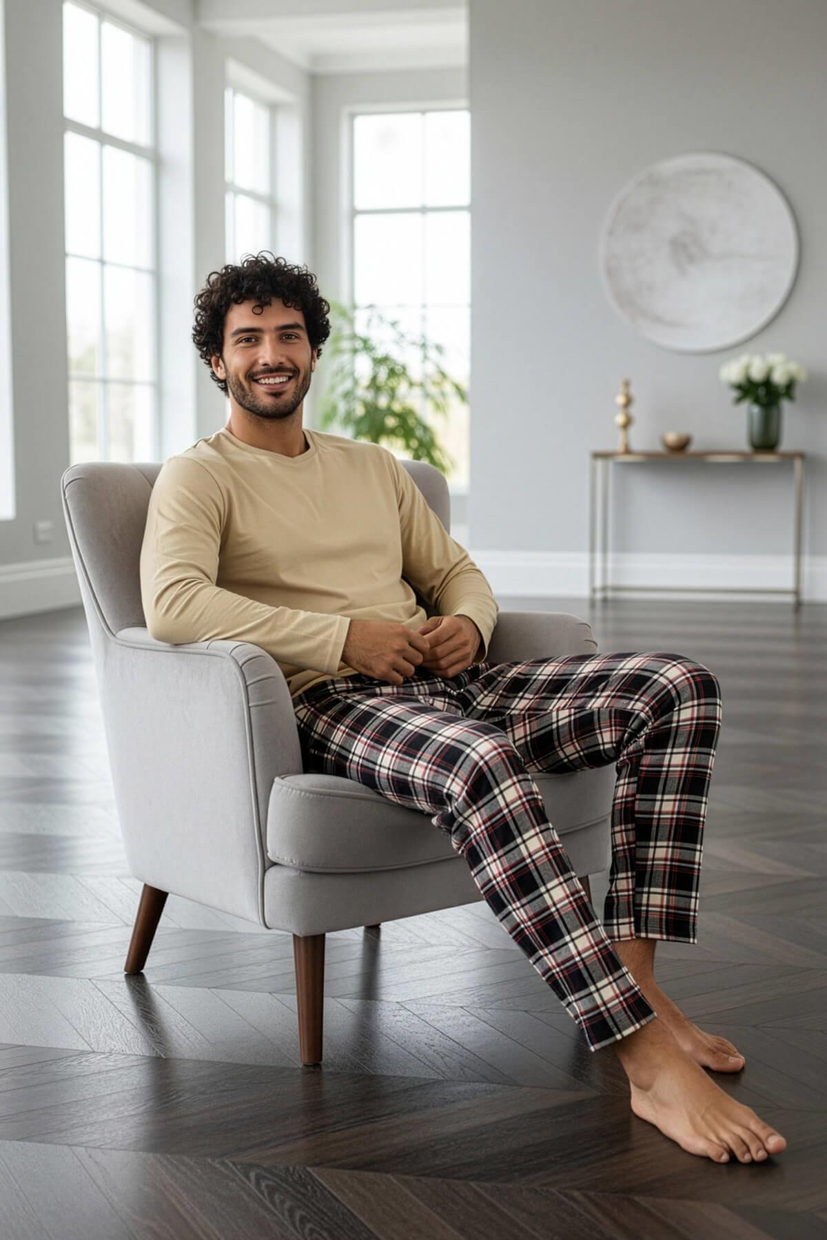 Pijamaevi Bej Stylish Erkek Uzun Kol Pijama Takımı görsel 4