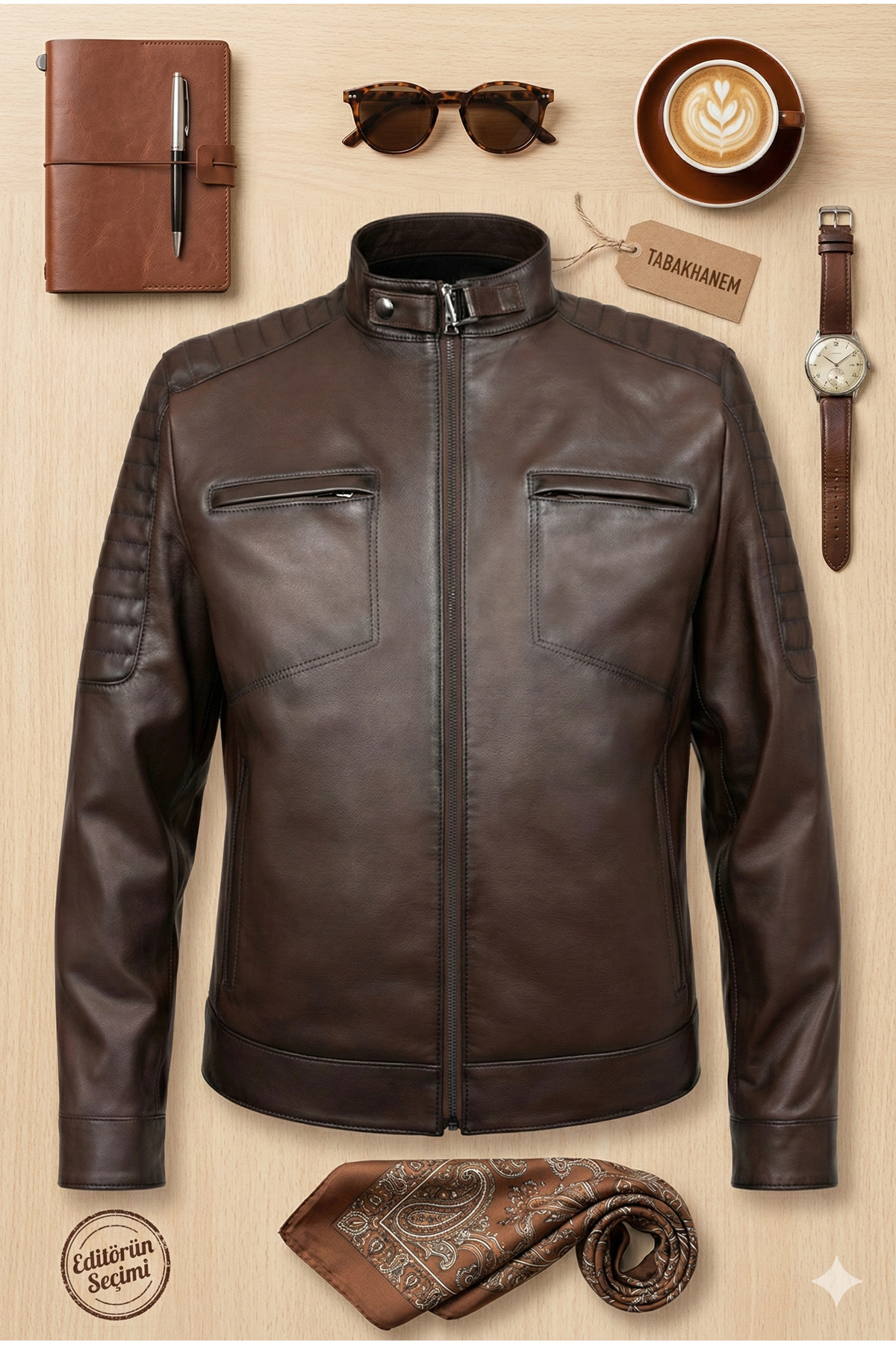 VELZANA  Erkek Kuzu Derisi Deri Ceket Kahverengi – Slim Fit, Fermuarlı, Kapitone Omuz Detay - Görsel 4