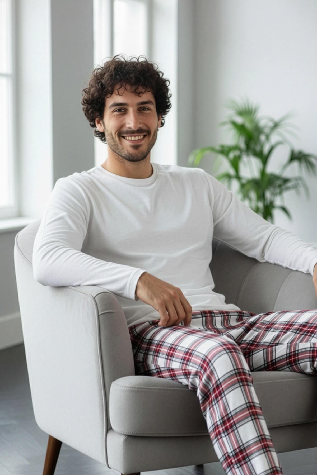Pijamaevi Beyaz Stylish Erkek Uzun Kol Pijama Takımı görsel 4