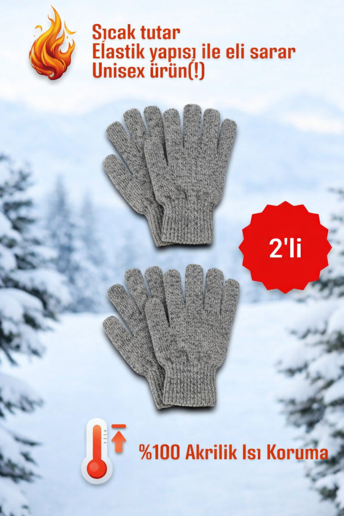 Moibody 2’li %100 Akrilik Premium Triko Örgü Isı Korumalı Unisex Gri Eldiven